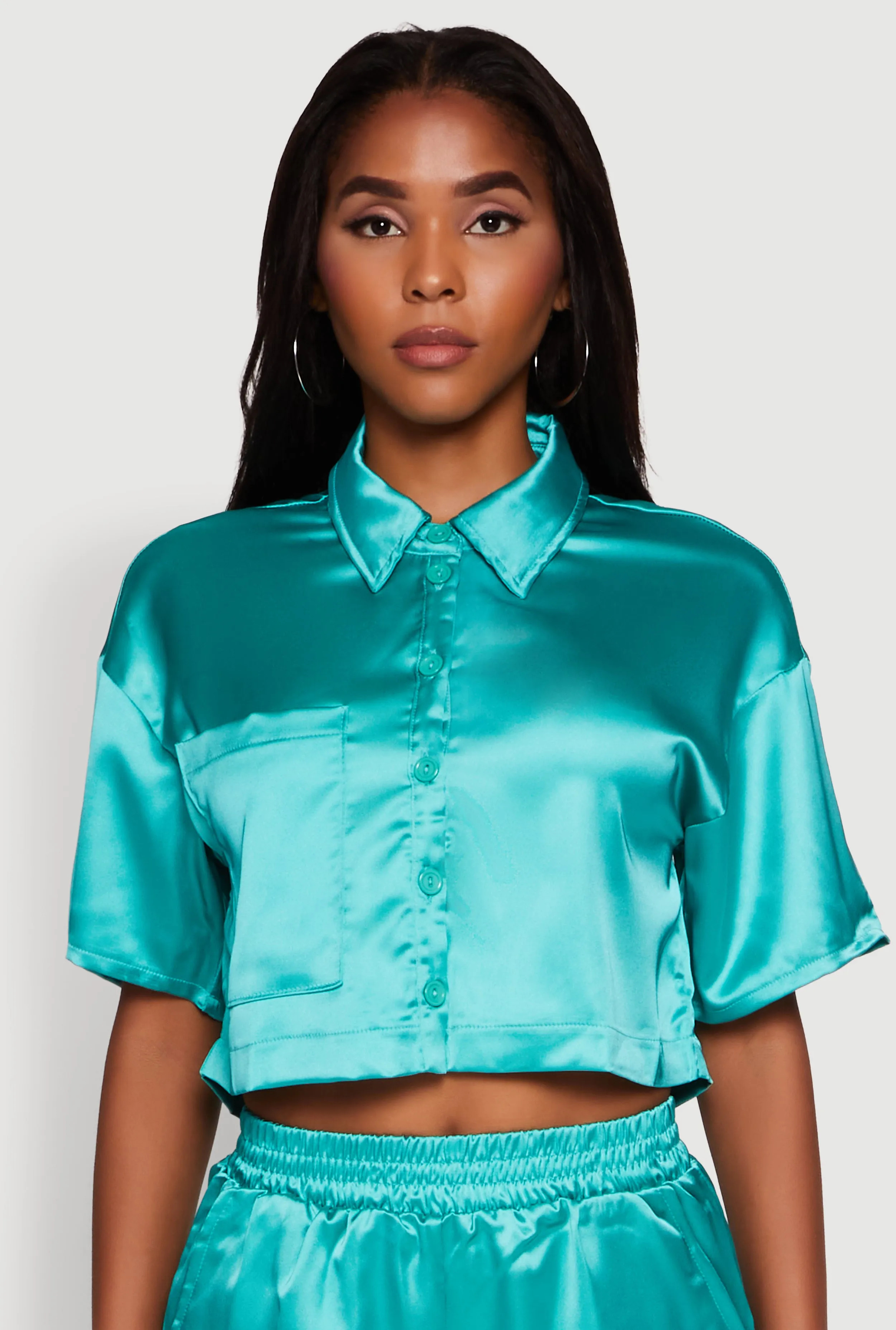 Elegant Cropped Satin Button Front Shirt sold by Rainbow