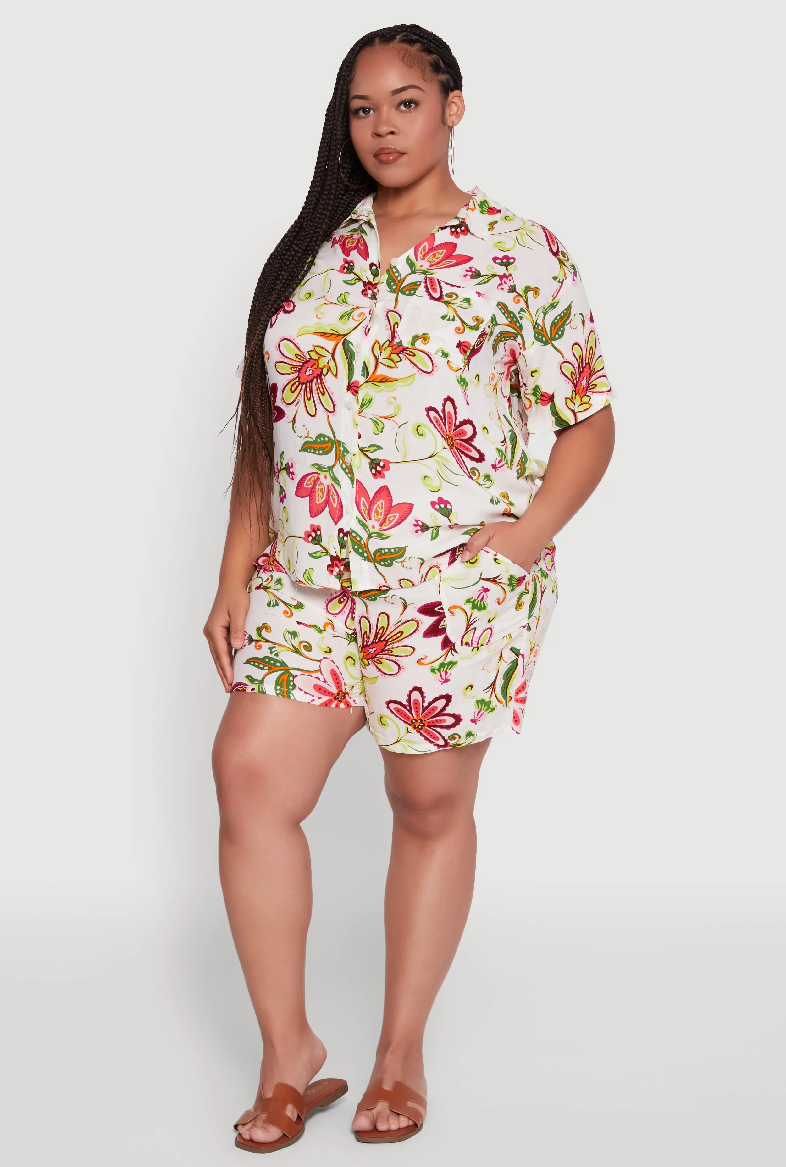 Plus Size Floral Print High Waisted Shorts with Drawstring Waist sold by Rainbow