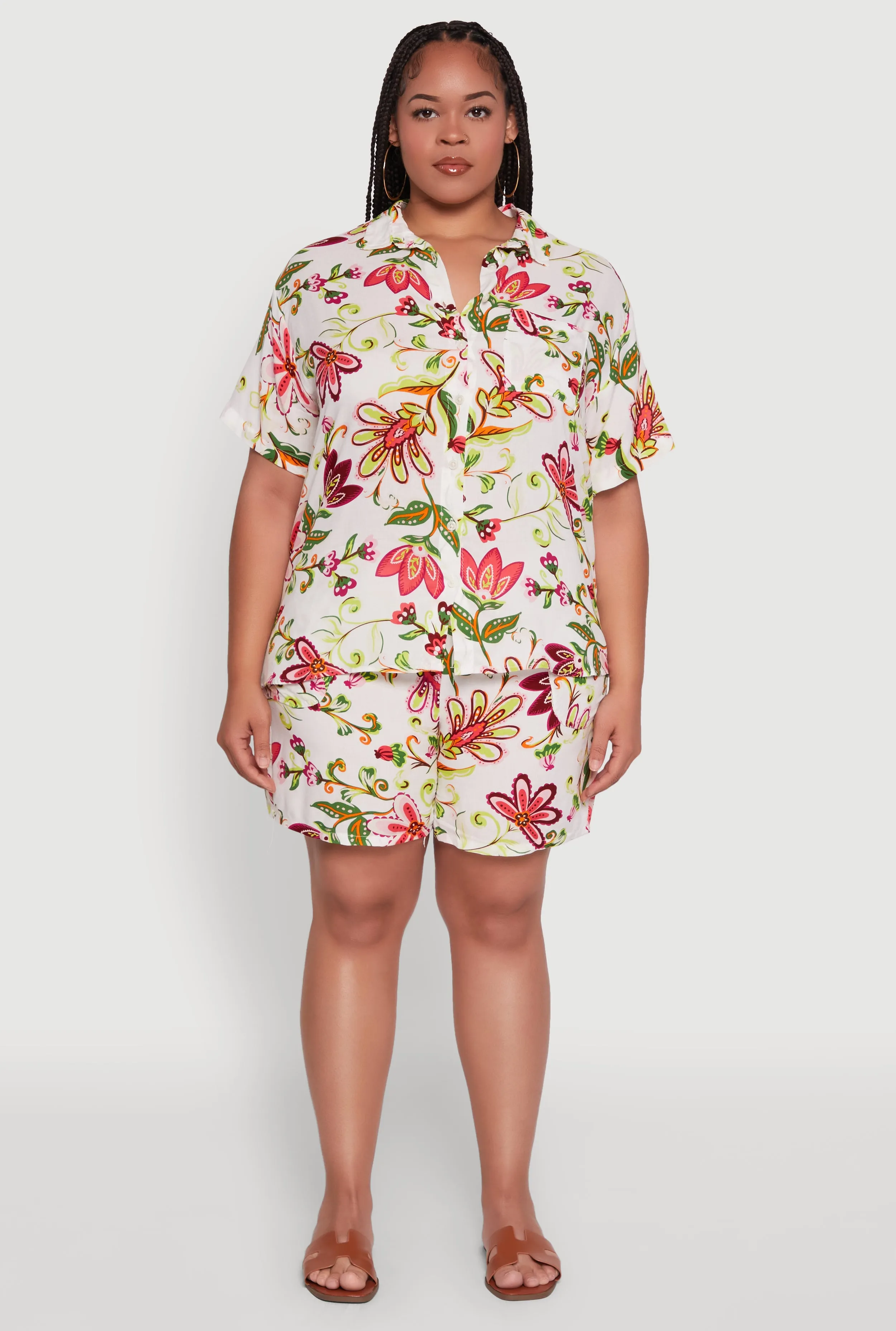 Plus Size Floral Print High Waisted Shorts with Drawstring Waist sold by Rainbow product image thumbnail 2