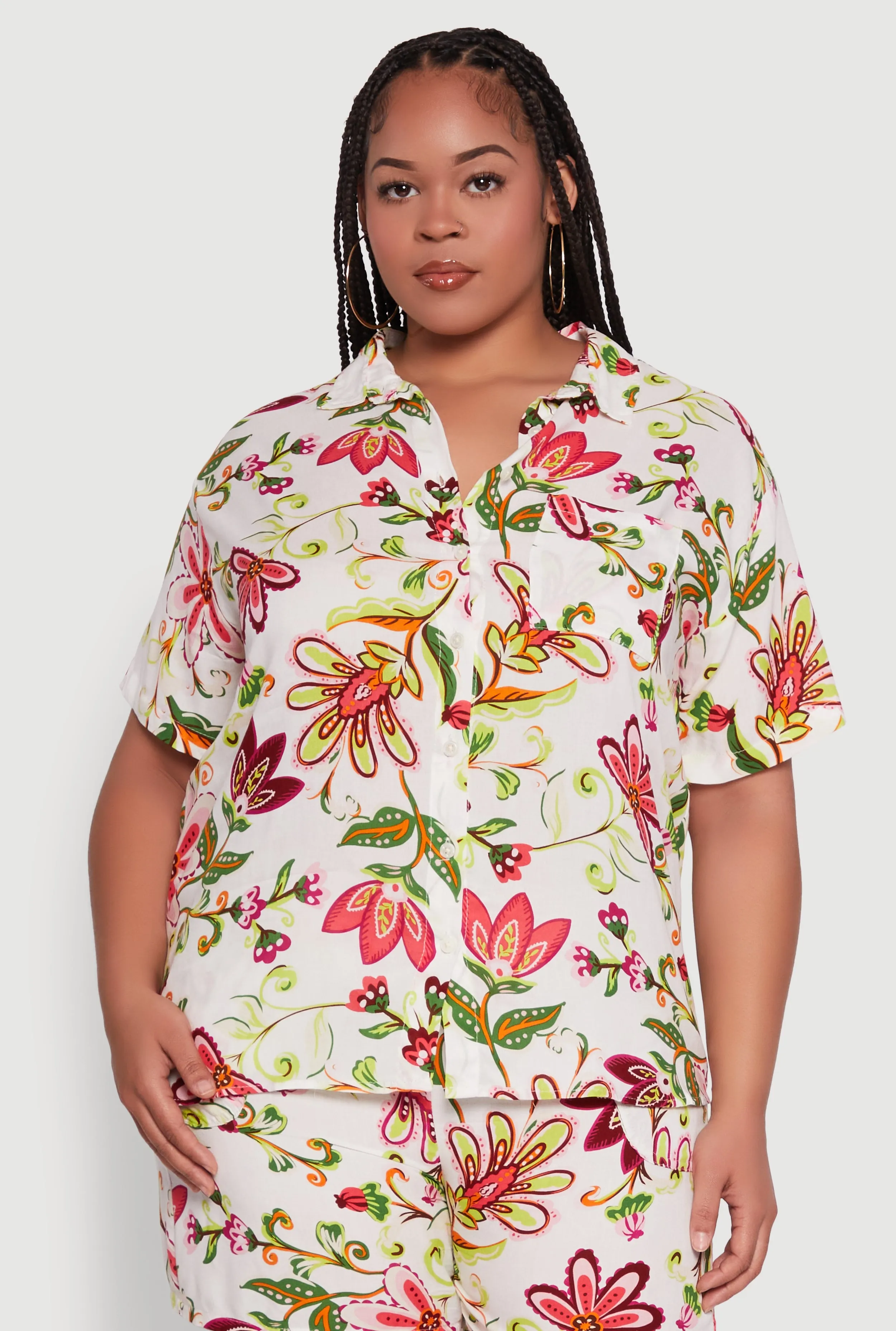 Plus Size Floral Print Button Front Shirt sold by Rainbow