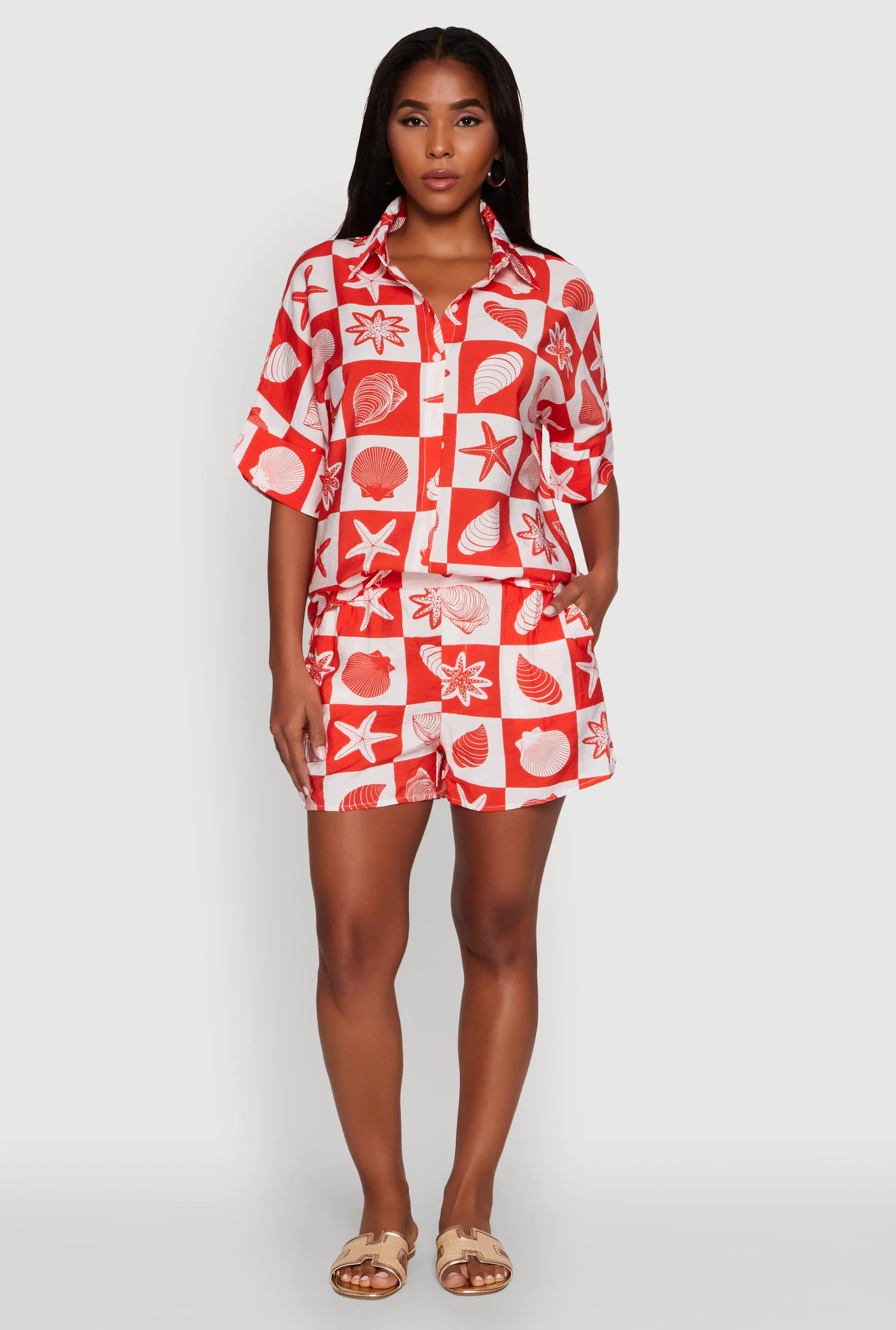 Trendy Crepe Knit High Waisted Beach Print Shorts sold by Rainbow