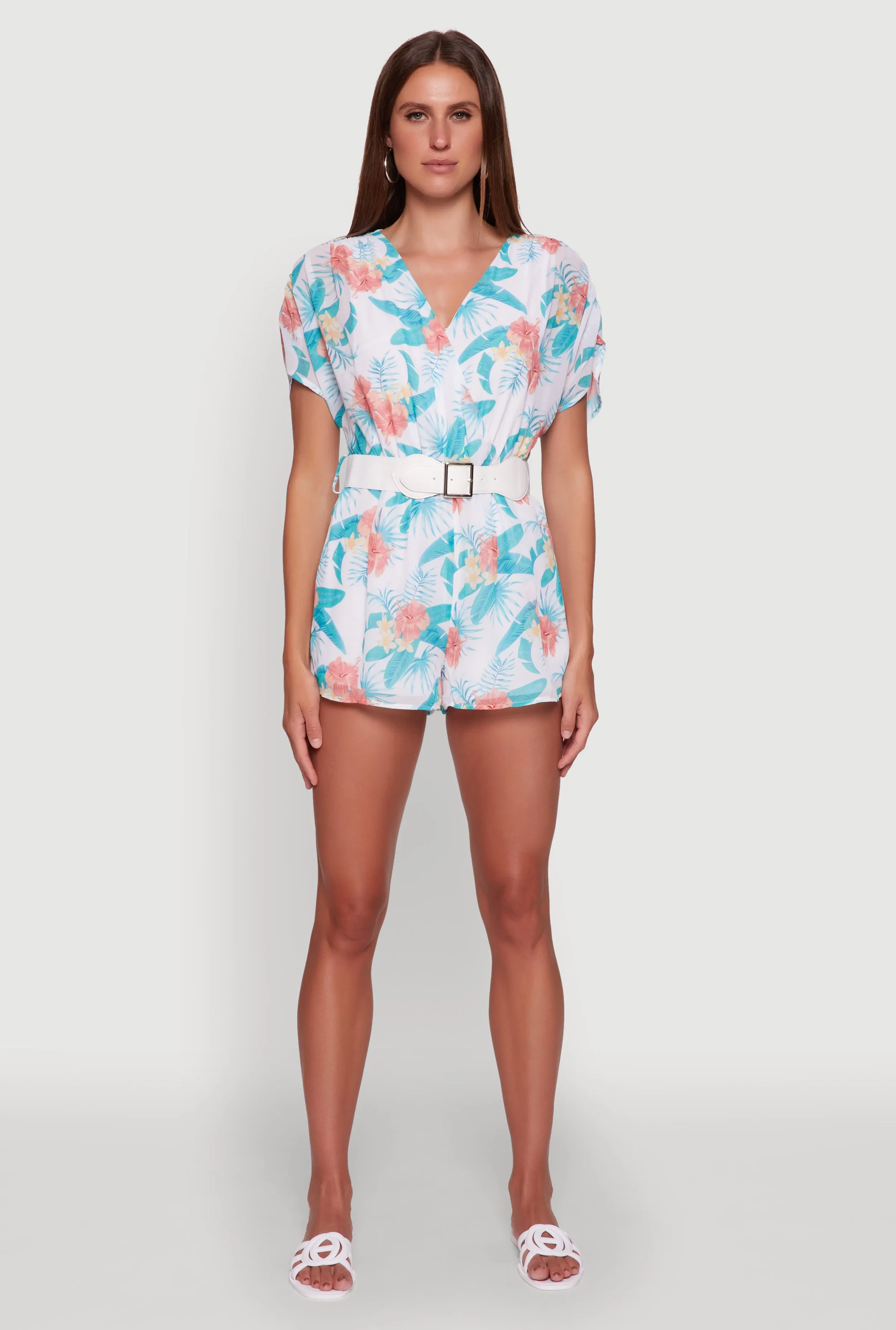 Chiffon Floral Print V Neck Wrap Romper with Belt sold by Rainbow product image thumbnail 2
