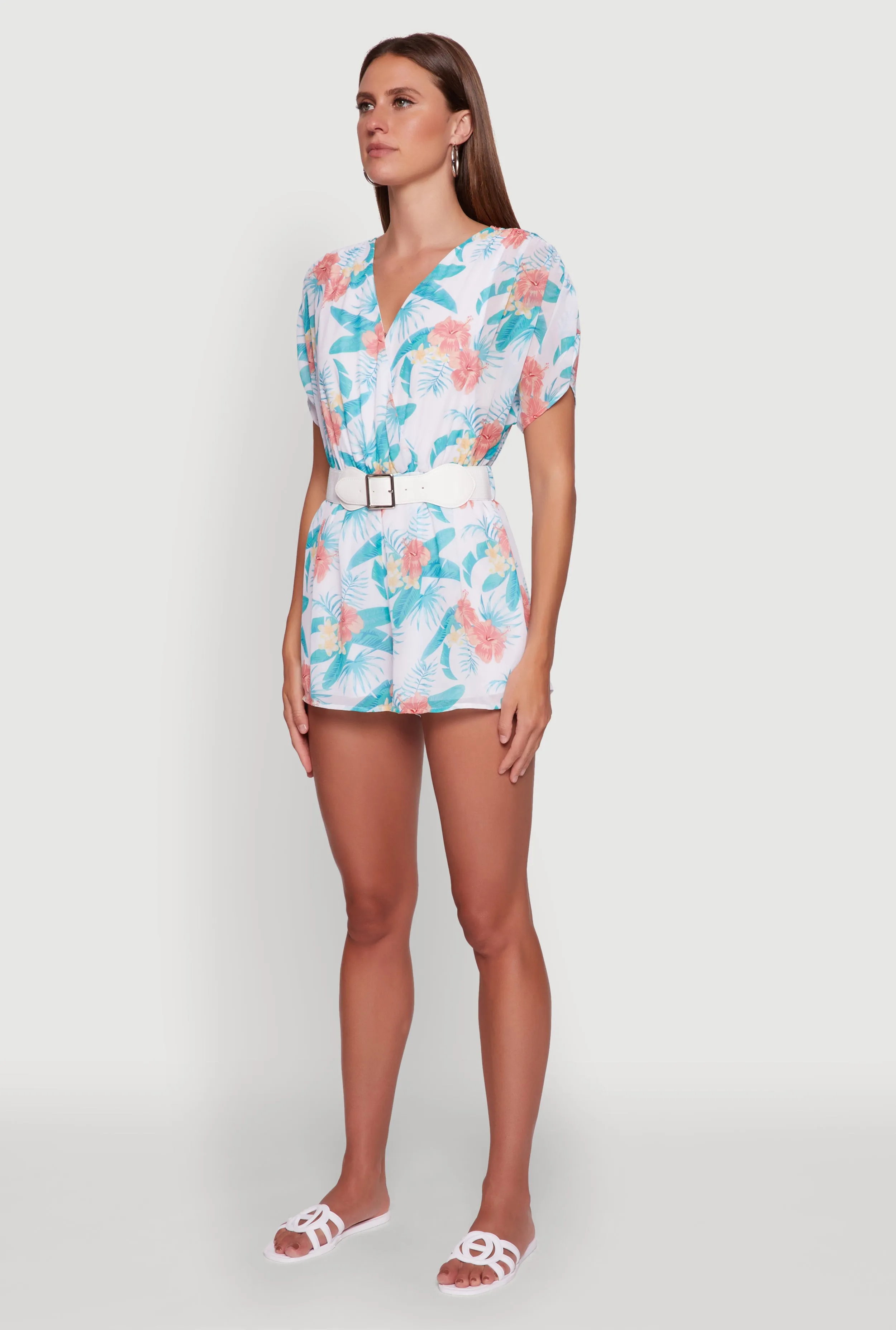 Chiffon Floral Print V Neck Wrap Romper with Belt sold by Rainbow product image thumbnail 3