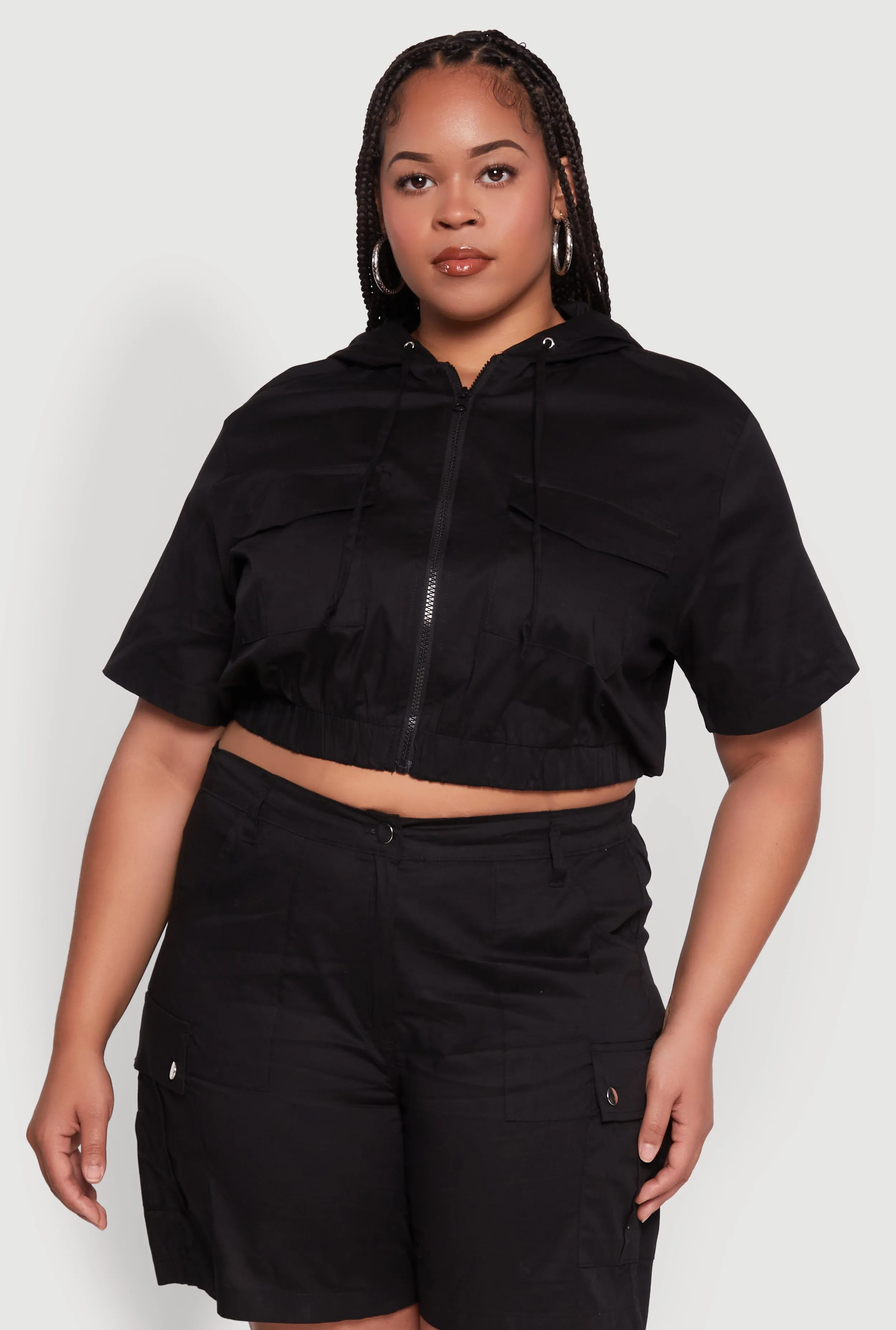 Plus Size Stylish Zip Front Cropped Hoodie sold by Rainbow