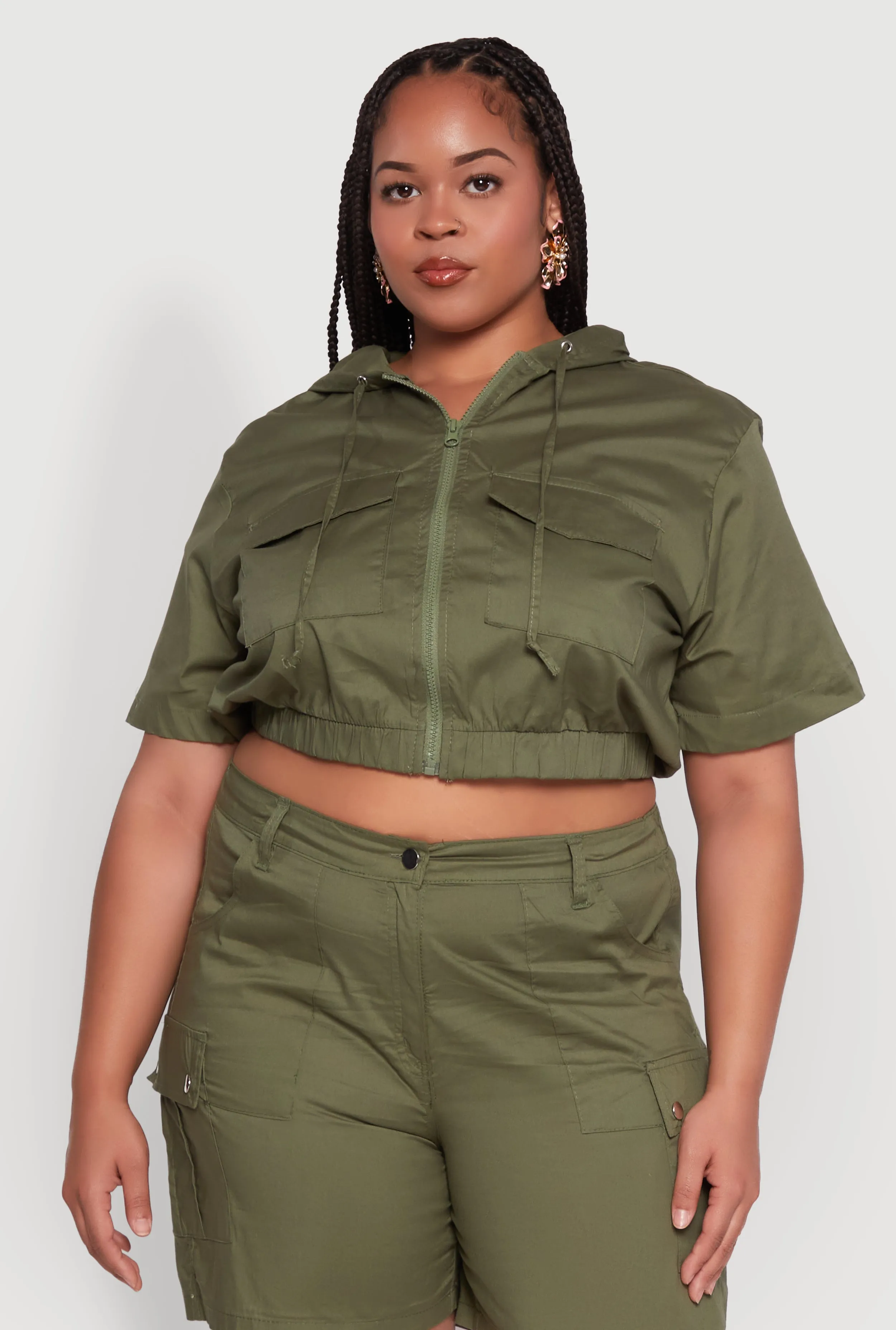 Plus Size Stylish Zip Front Cropped Hoodie sold by Rainbow