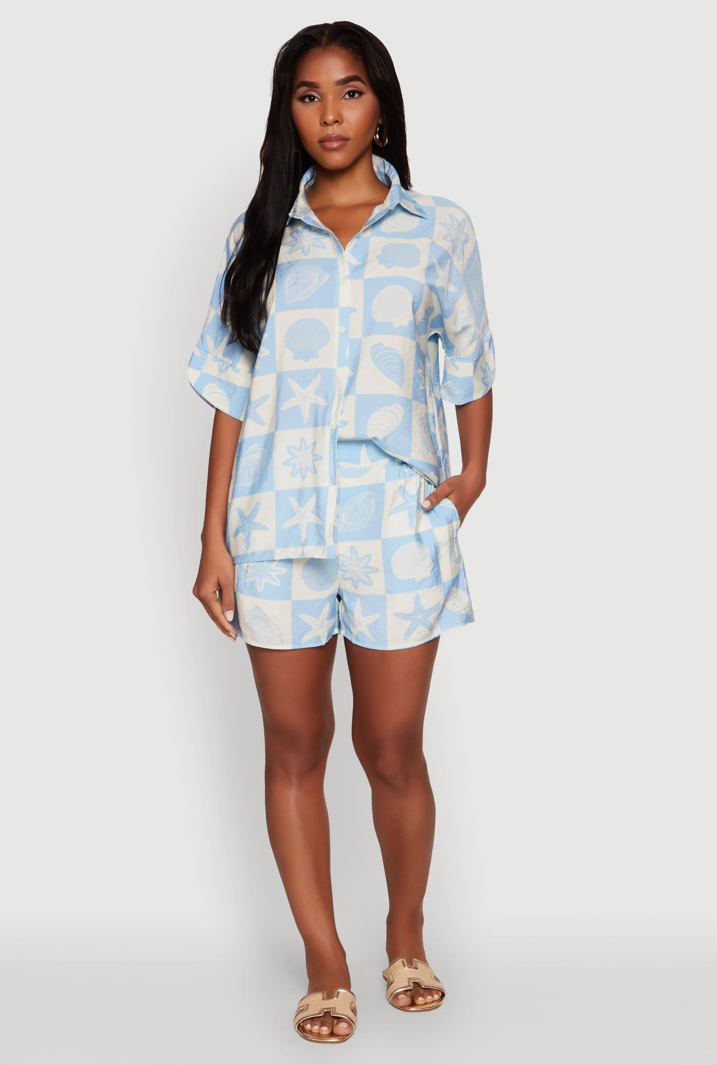 Trendy Crepe Knit High Waisted Beach Print Shorts sold by Rainbow