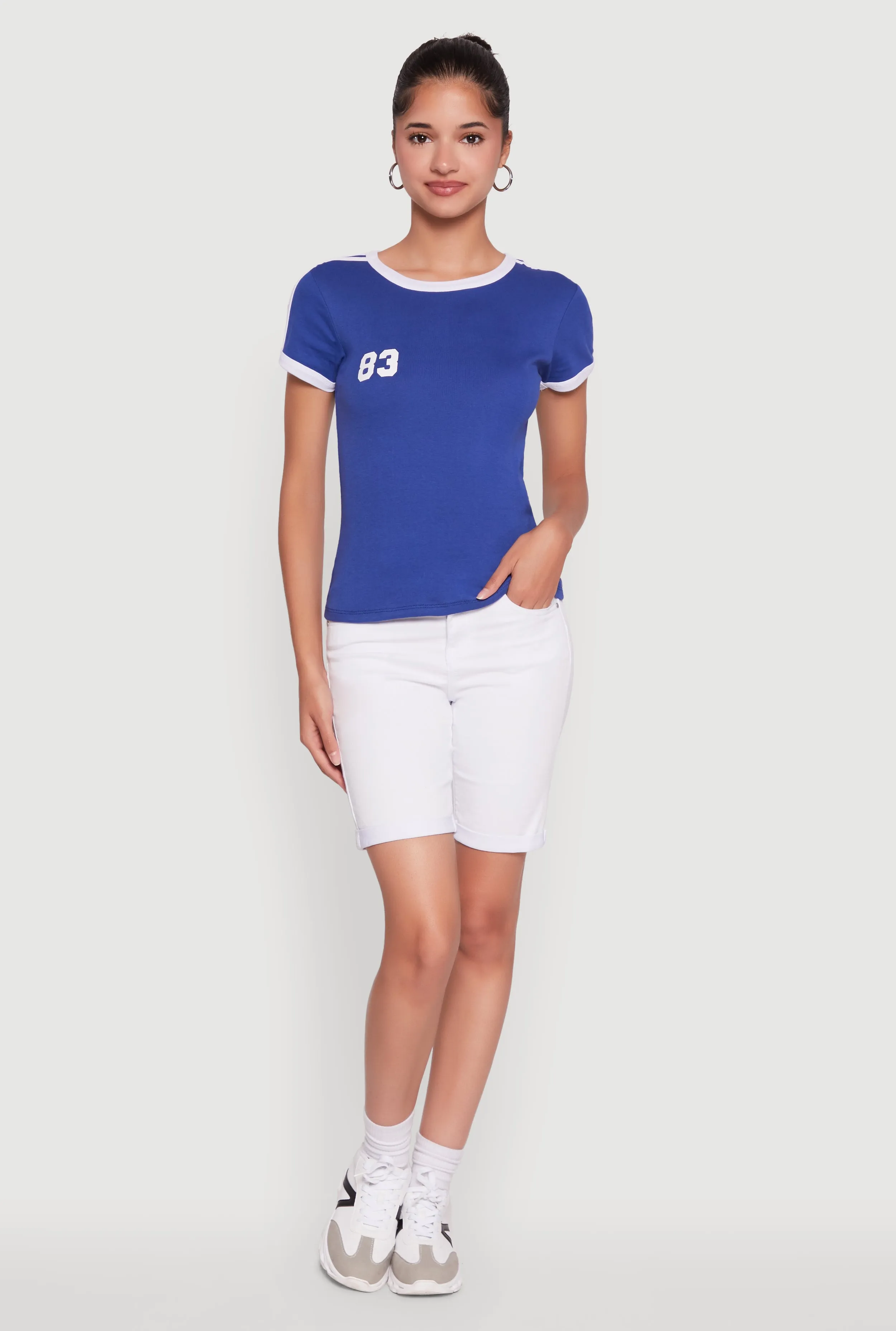 Stylish 83 Graphic Contrast Trim Cotton Jersey Tee sold by Rainbow