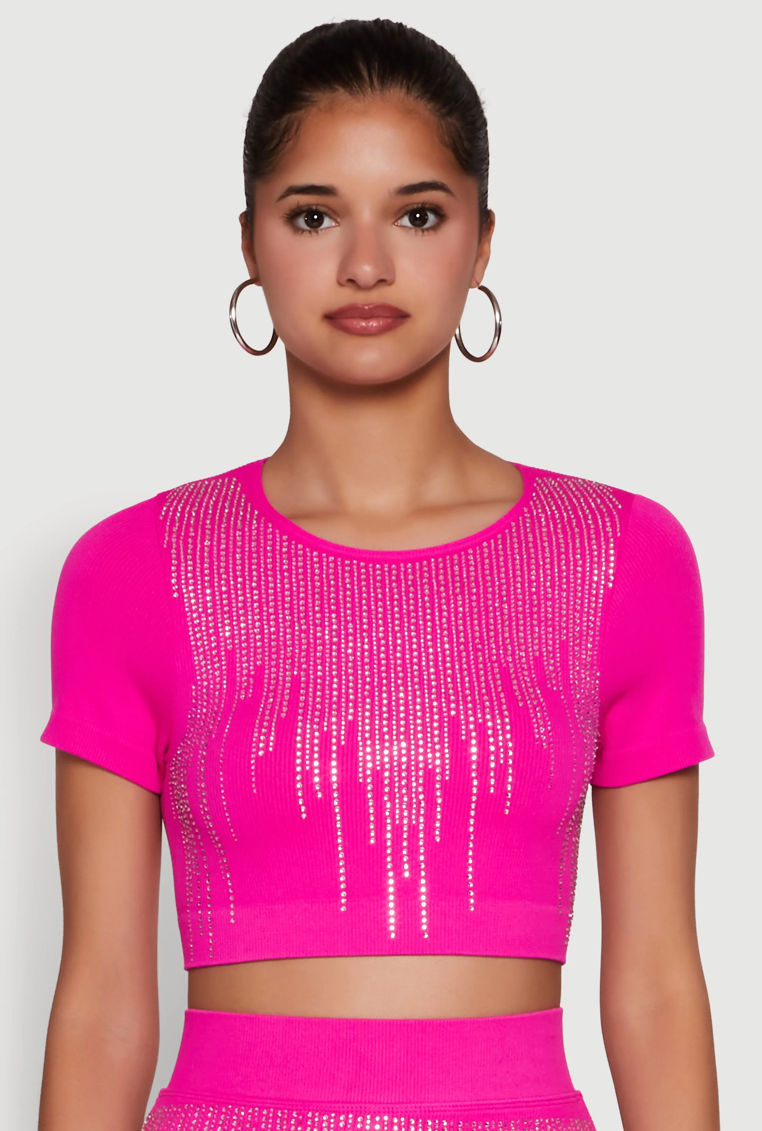 Chic Rhinestone Ribbed Knit Short Sleeve Crew Neck Tee sold by Rainbow
