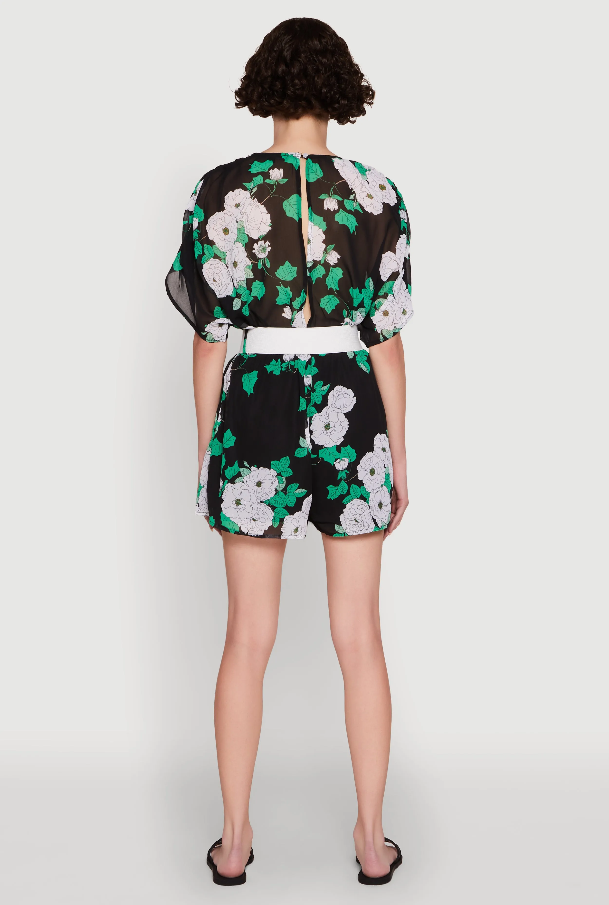 Chiffon Floral Print V Neck Wrap Romper with Belt sold by Rainbow product image thumbnail 5