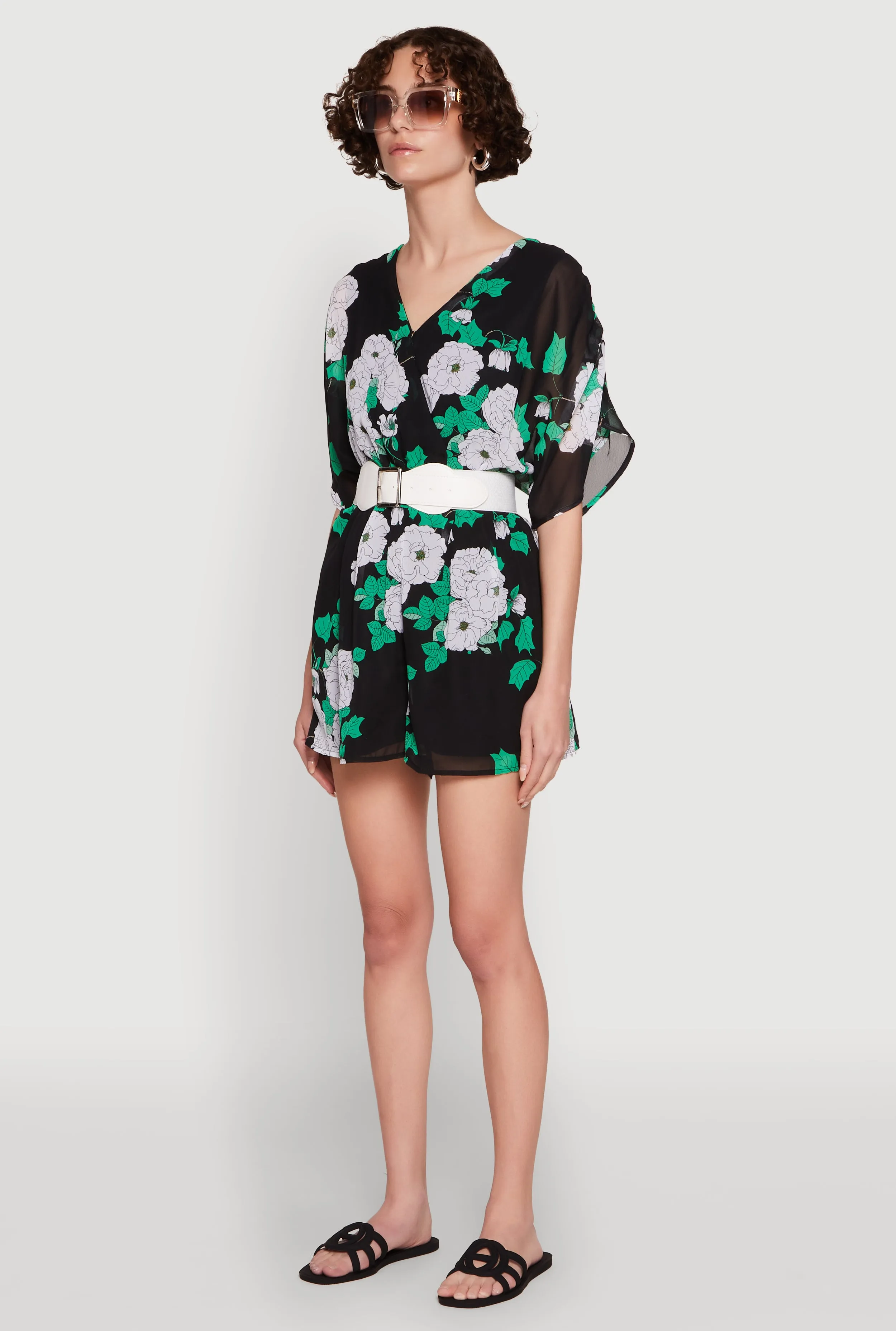Chiffon Floral Print V Neck Wrap Romper with Belt sold by Rainbow product image thumbnail 3