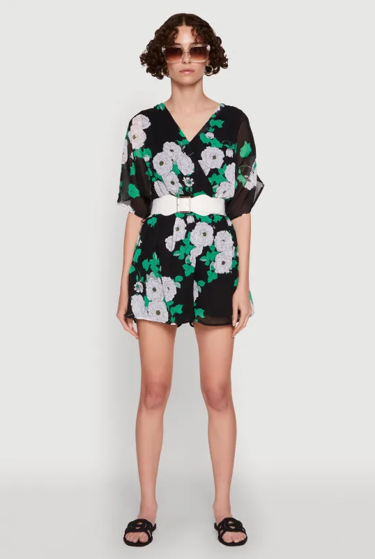 Chiffon Floral Print V Neck Wrap Romper with Belt sold by Rainbow