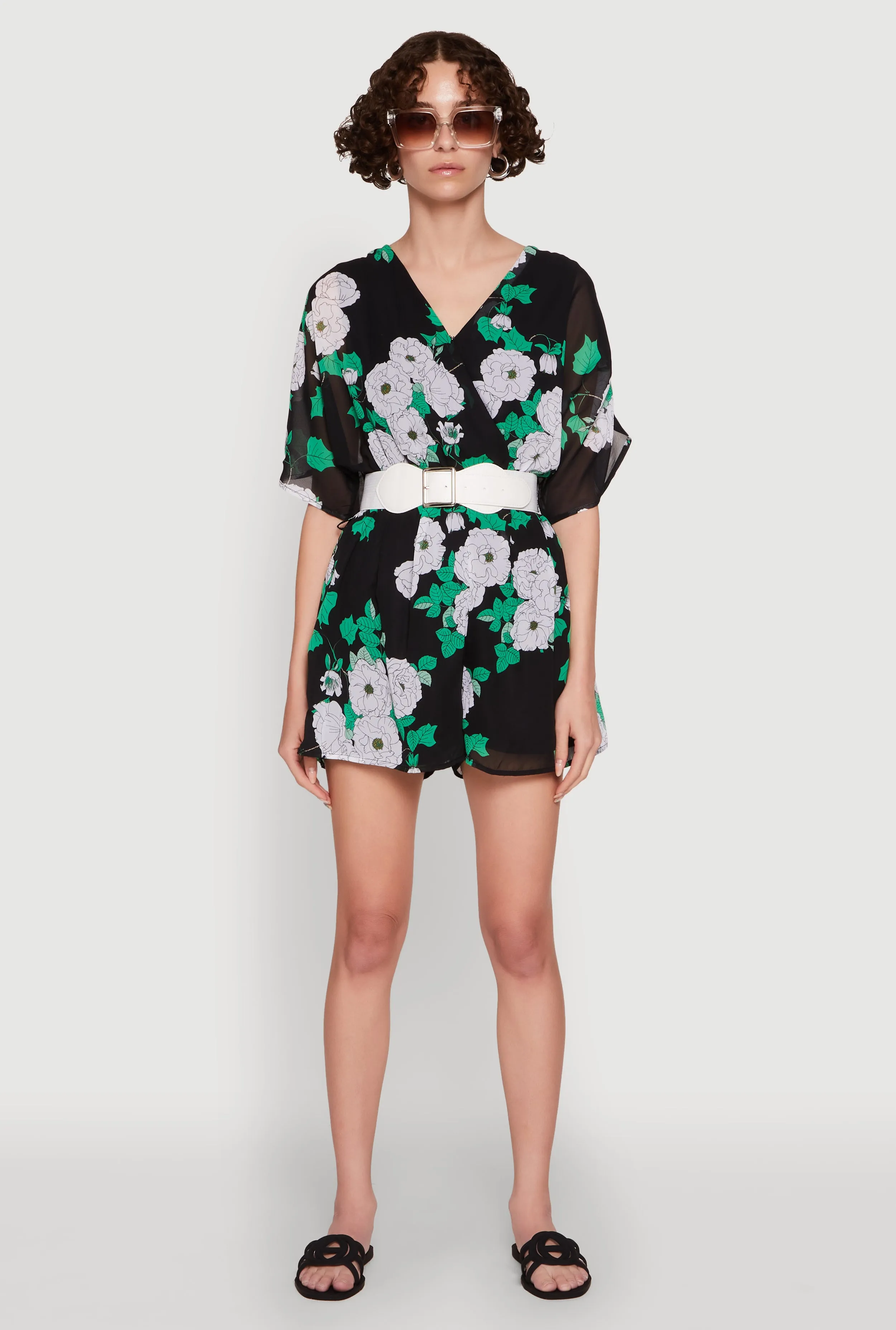 Chiffon Floral Print V Neck Wrap Romper with Belt sold by Rainbow