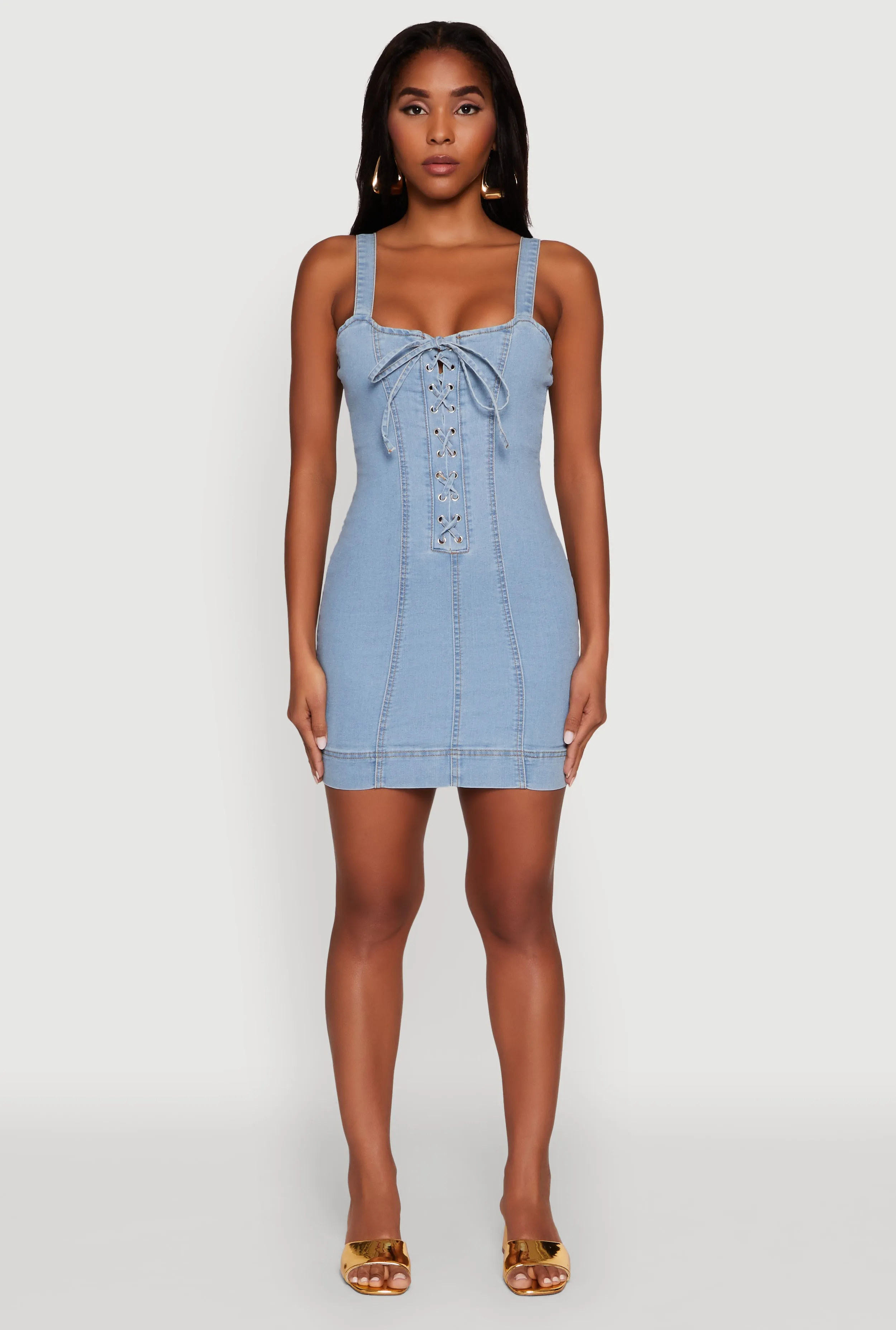 Trendy Square Neck Pintuck Detail Denim Dress sold by Rainbow product image thumbnail 2