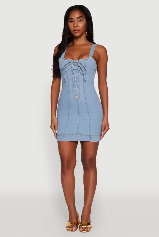 Trendy Square Neck Pintuck Detail Denim Dress sold by Rainbow