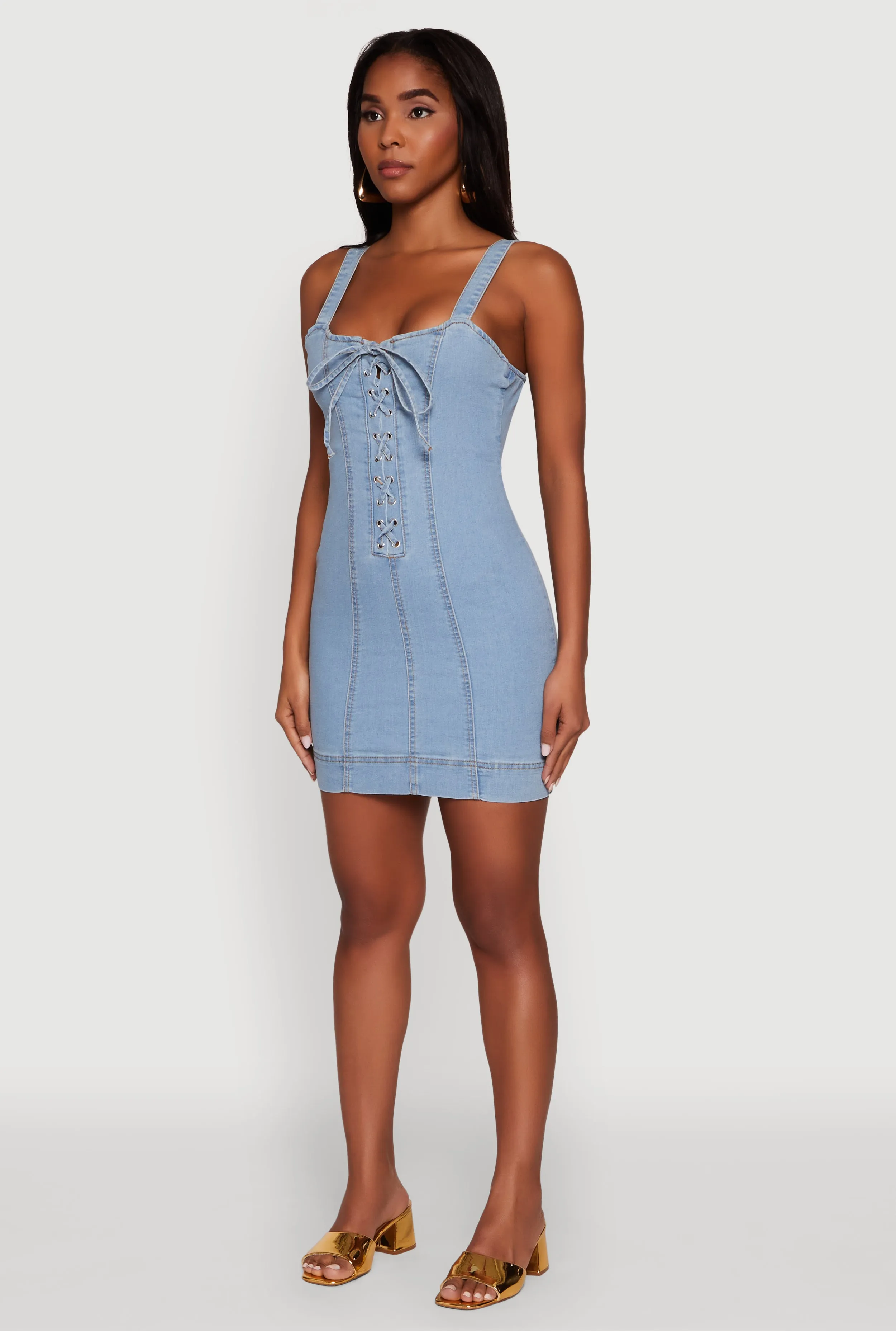 Trendy Square Neck Pintuck Detail Denim Dress sold by Rainbow product image thumbnail 3