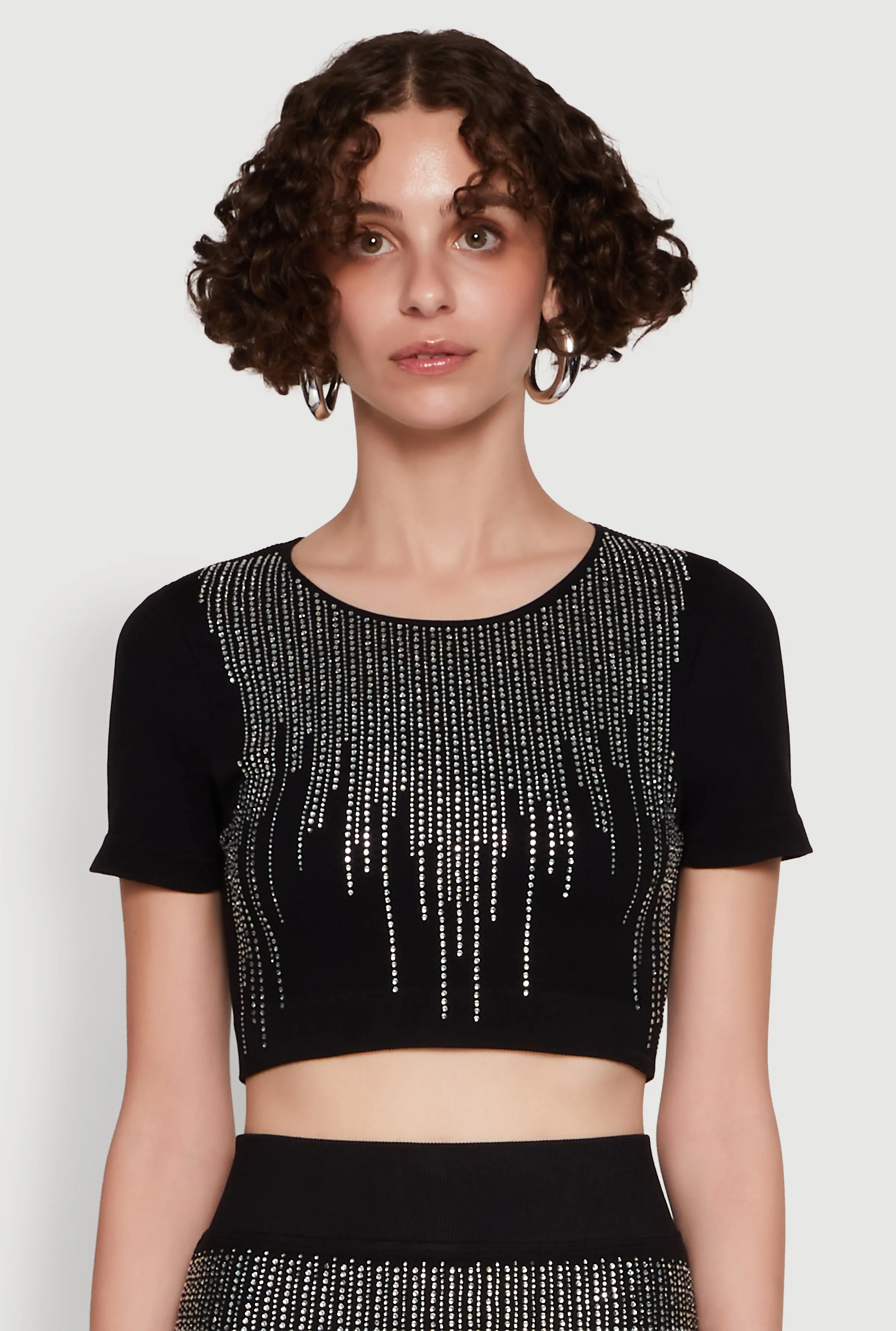 Chic Rhinestone Ribbed Knit Short Sleeve Crew Neck Tee sold by Rainbow