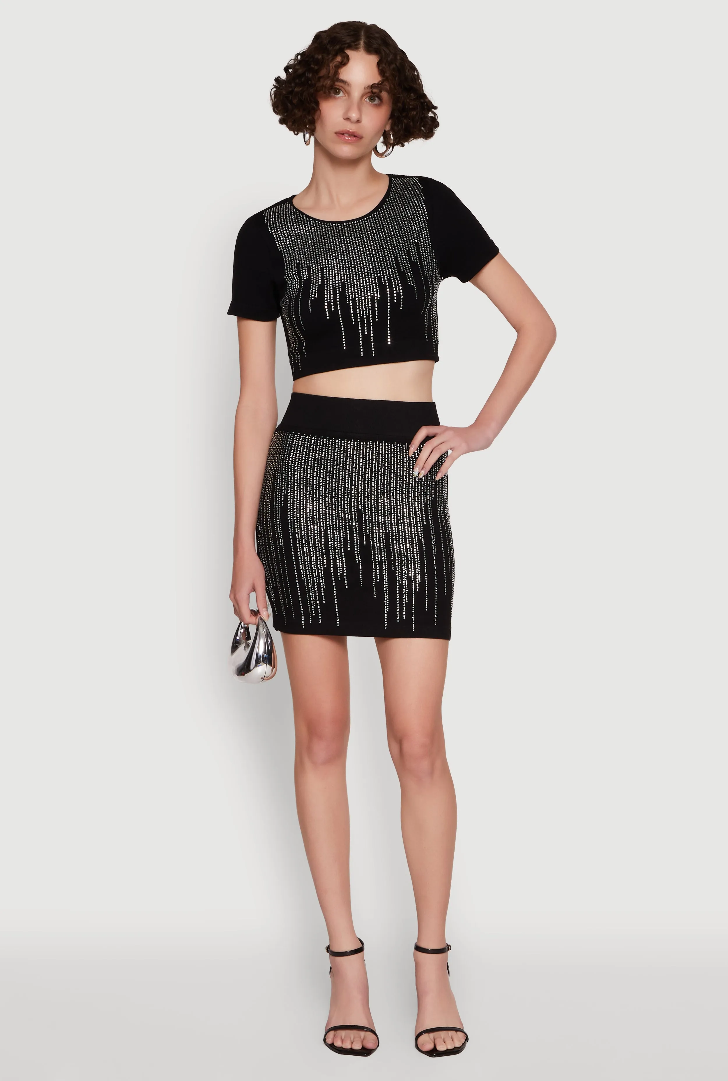 Chic Rhinestone Ribbed Knit Short Sleeve Crew Neck Tee sold by Rainbow product image thumbnail 3