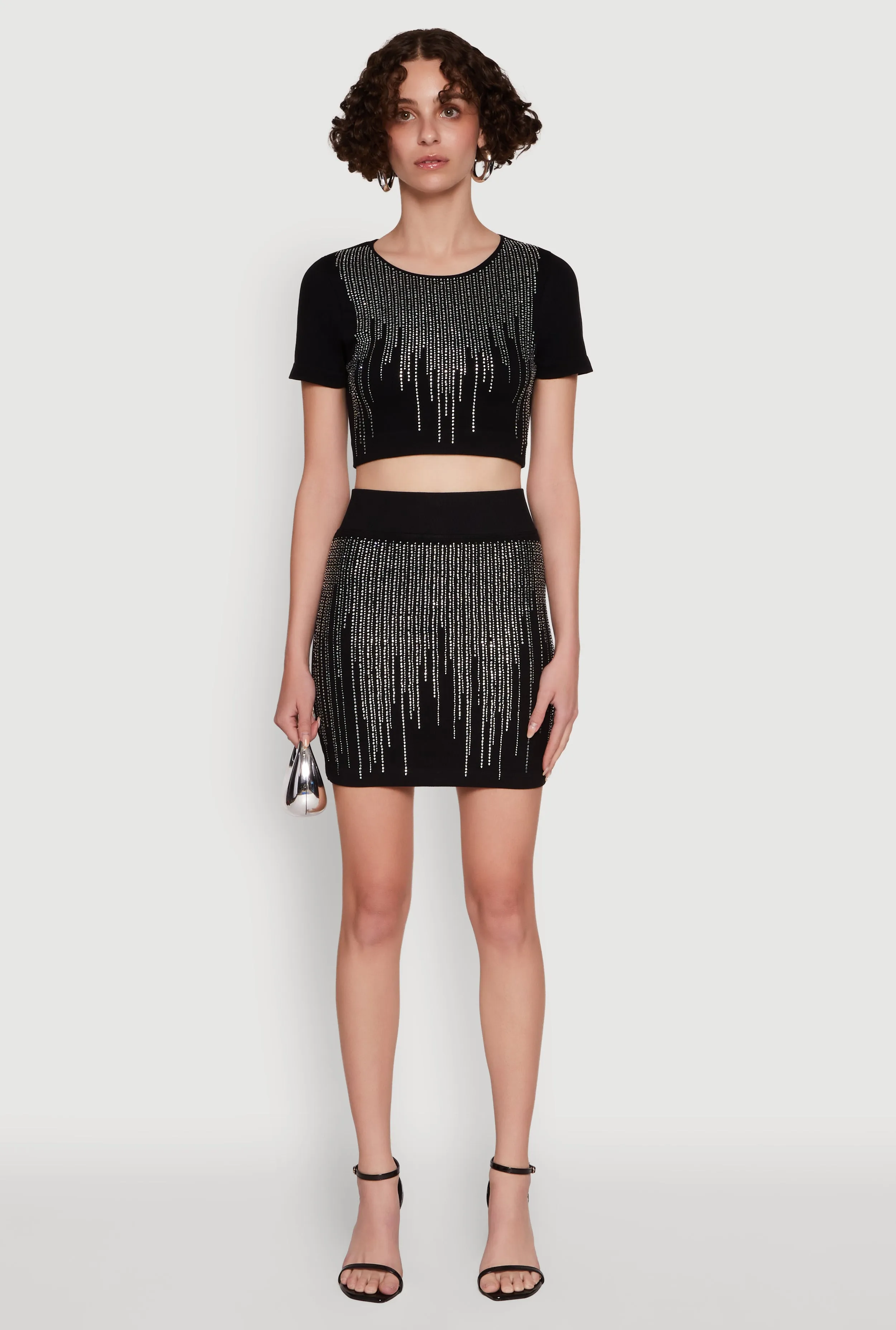 Chic Rhinestone Ribbed Knit Short Sleeve Crew Neck Tee sold by Rainbow product image thumbnail 2