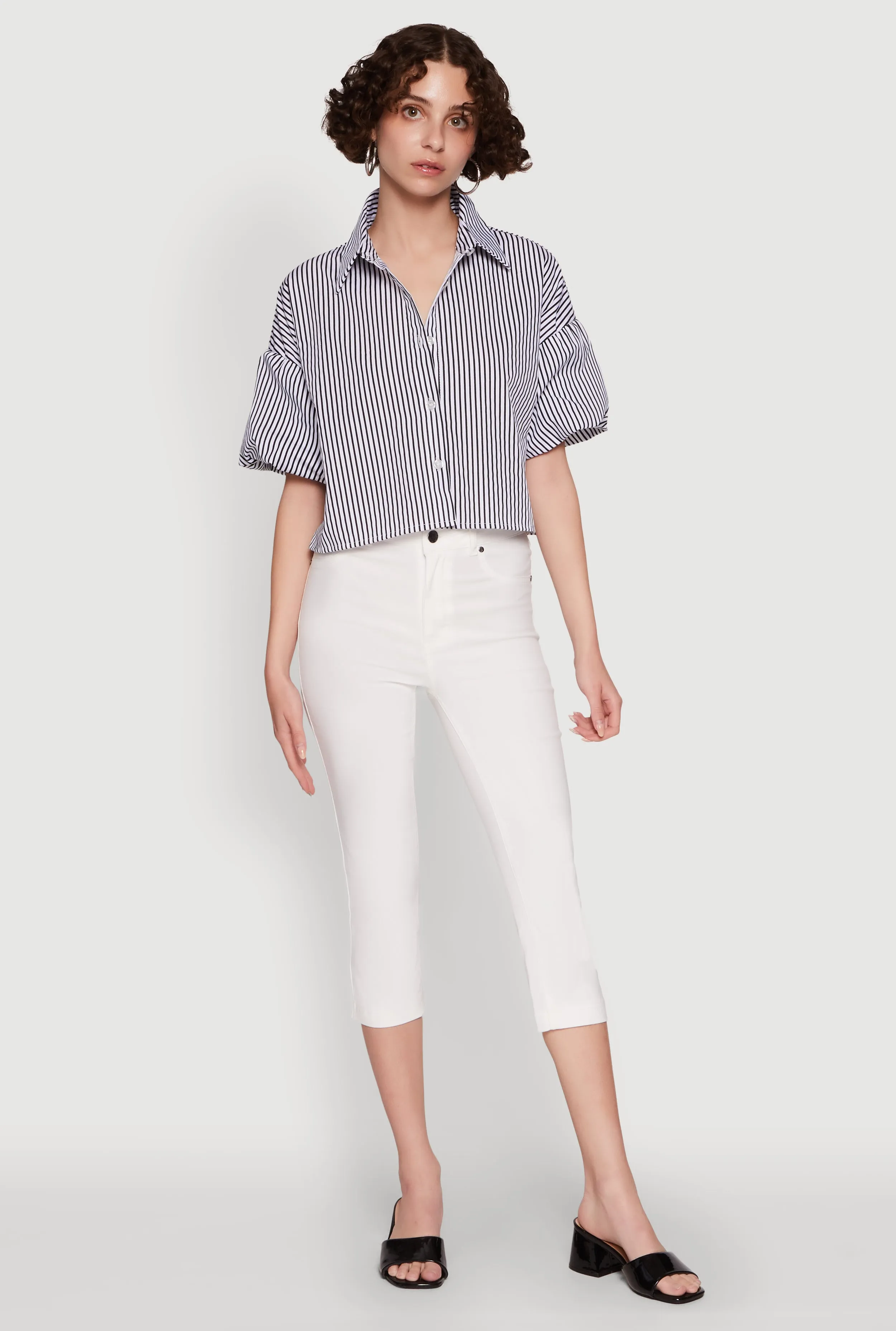 Chic Bubble Sleeve Button Front Cropped Shirt sold by Rainbow