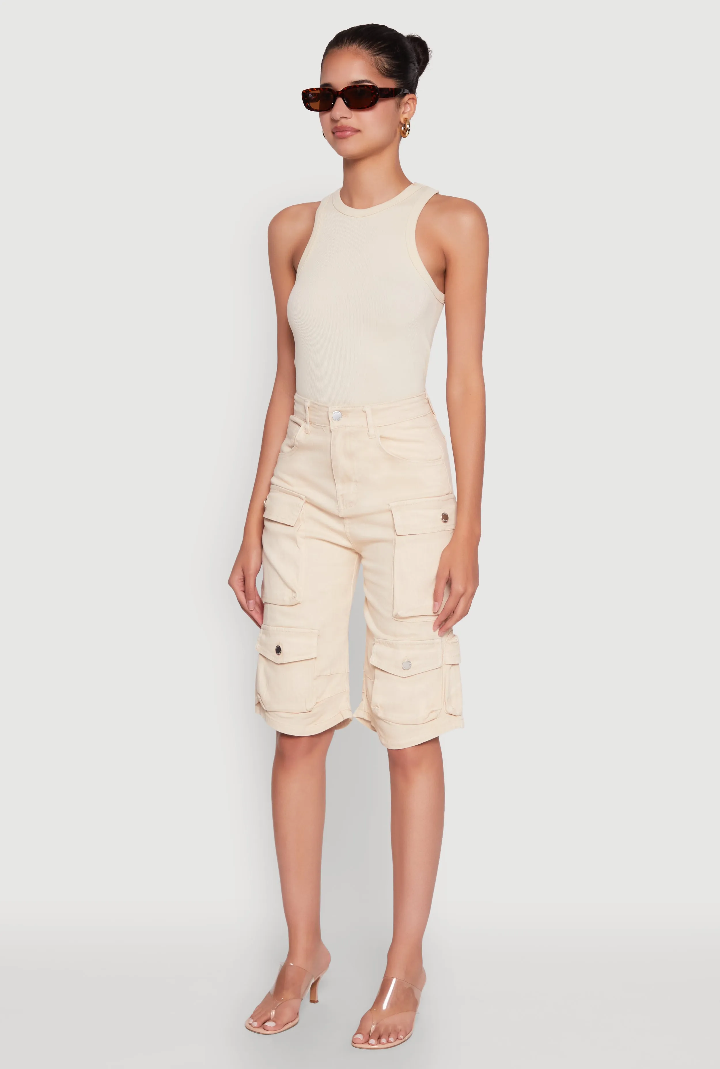 Daisy Trendy Mineral Wash High Waisted Denim Cargo Shorts sold by Rainbow product image thumbnail 3