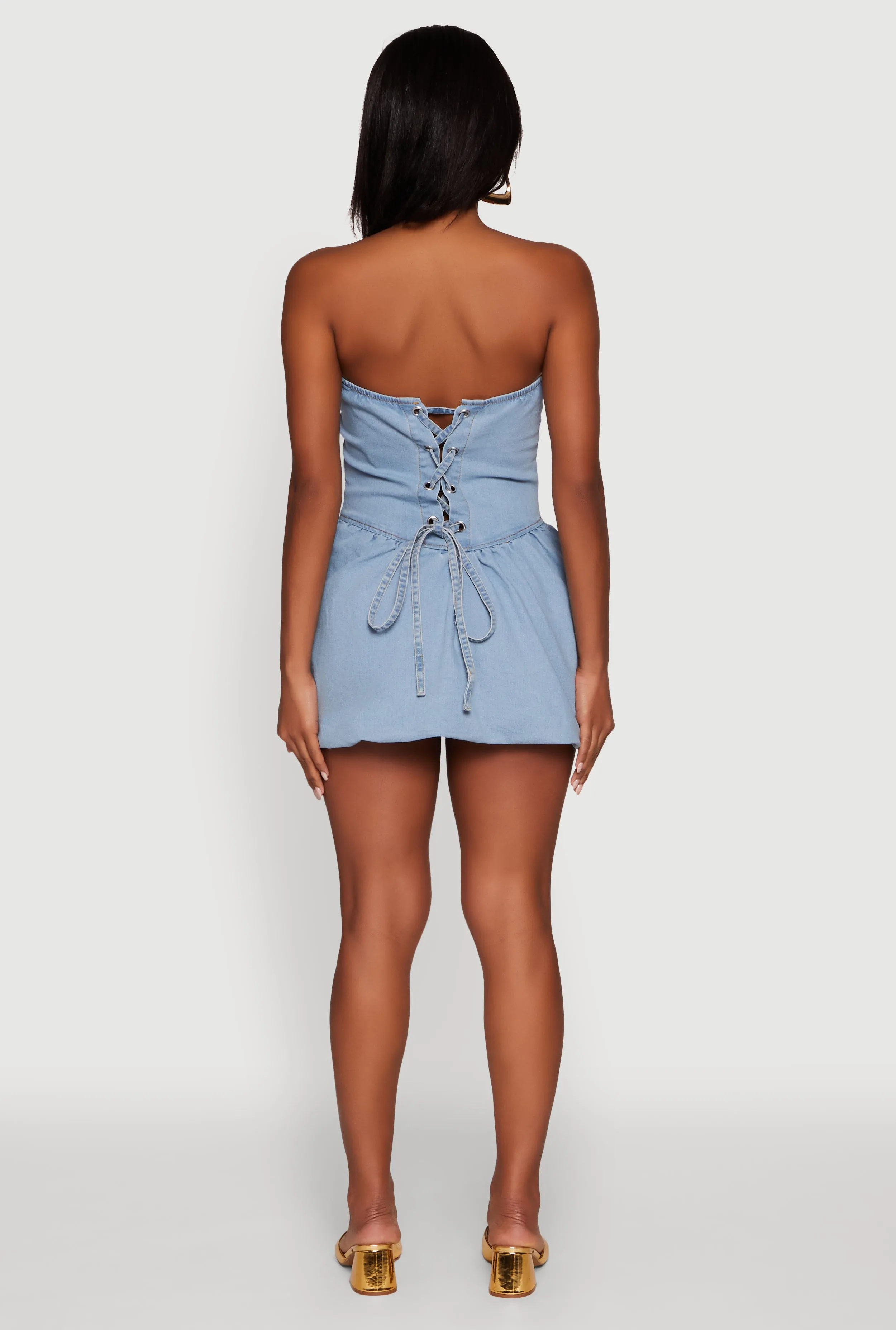 Trendy Lace Up Back Denim Sleeveless Skater Dress sold by Rainbow product image thumbnail 5