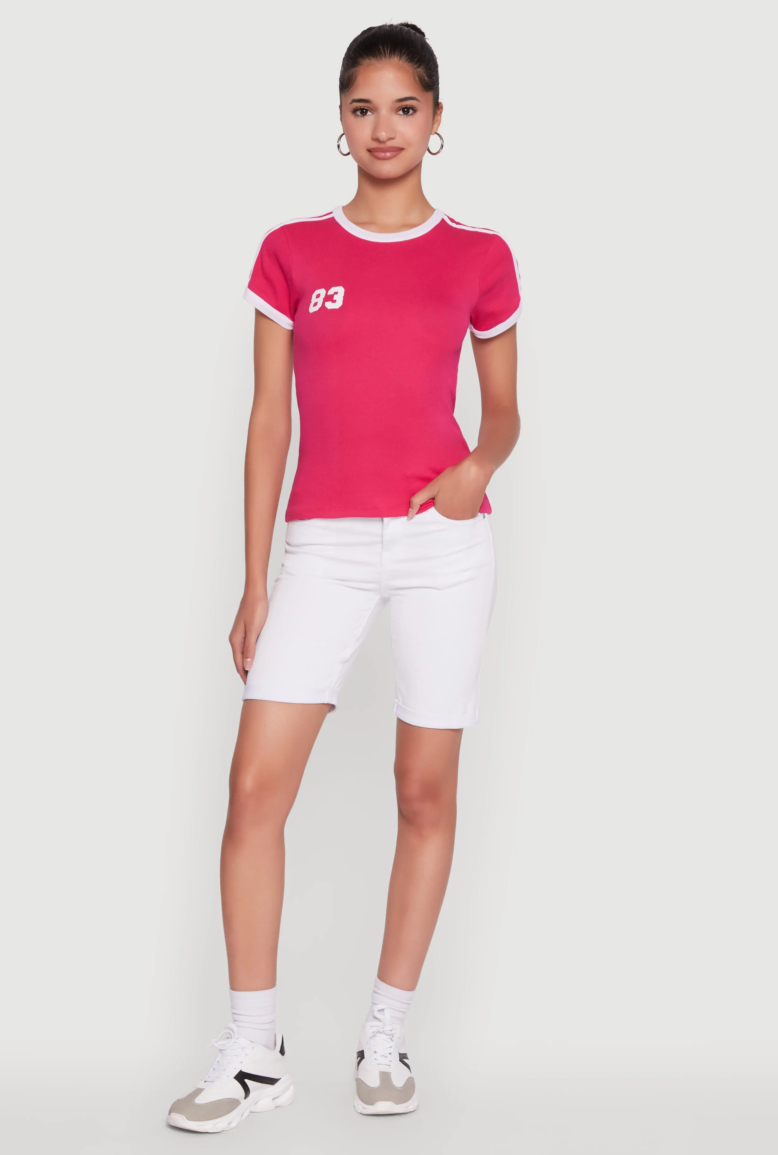 Stylish 83 Graphic Contrast Trim Cotton Jersey Tee sold by Rainbow