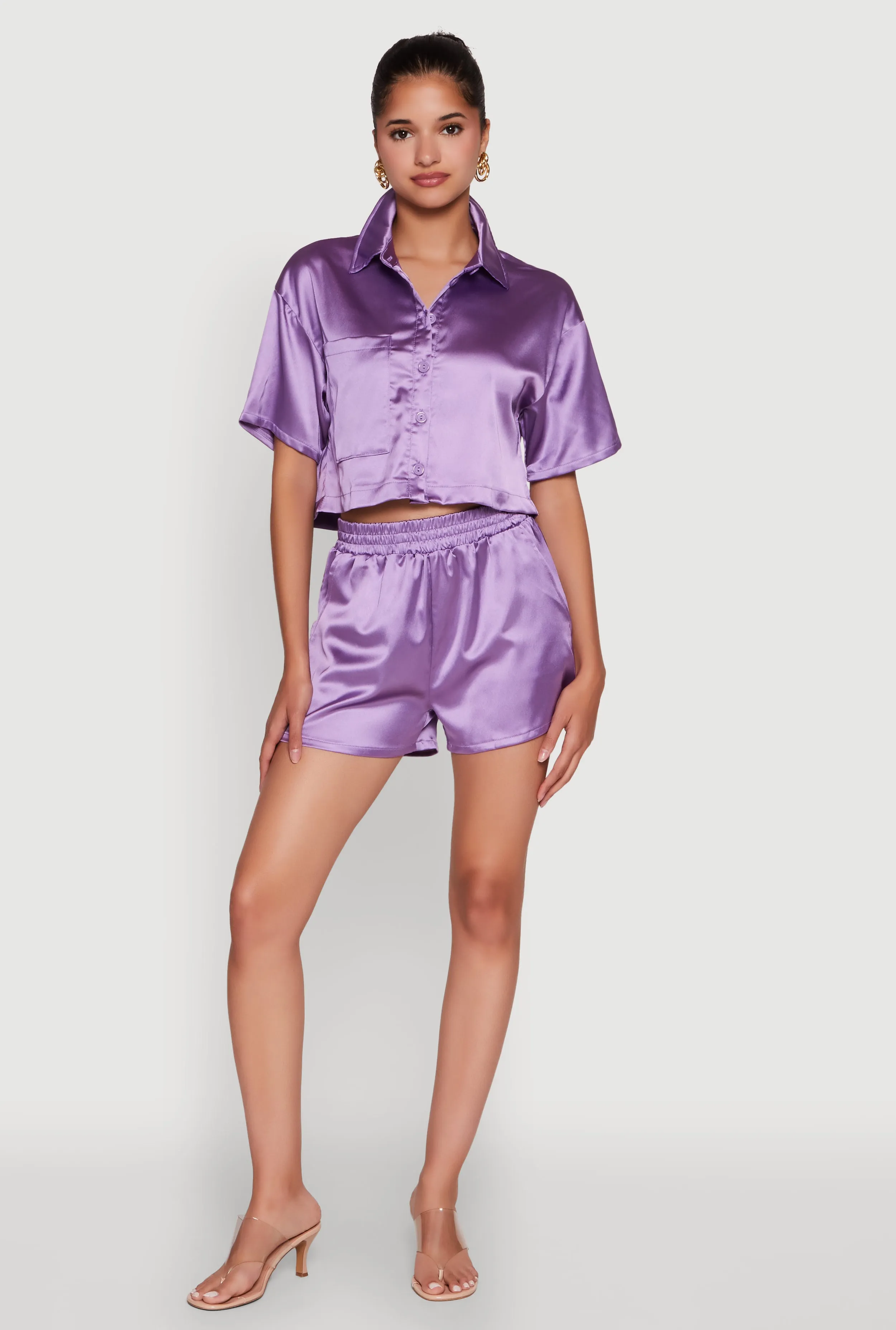 Elegant Cropped Satin Button Front Shirt sold by Rainbow product image thumbnail 3