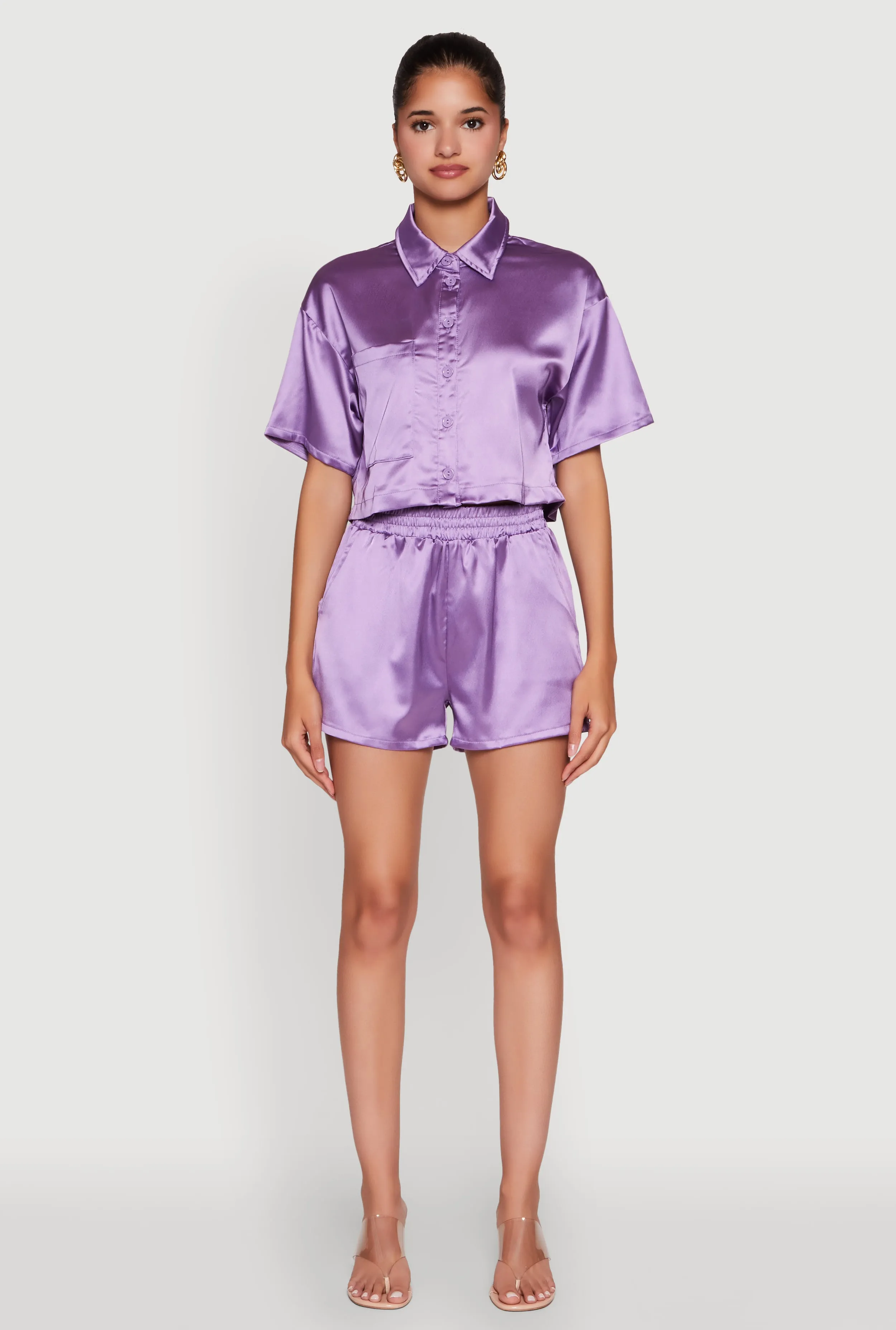 Elegant Cropped Satin Button Front Shirt sold by Rainbow product image thumbnail 2