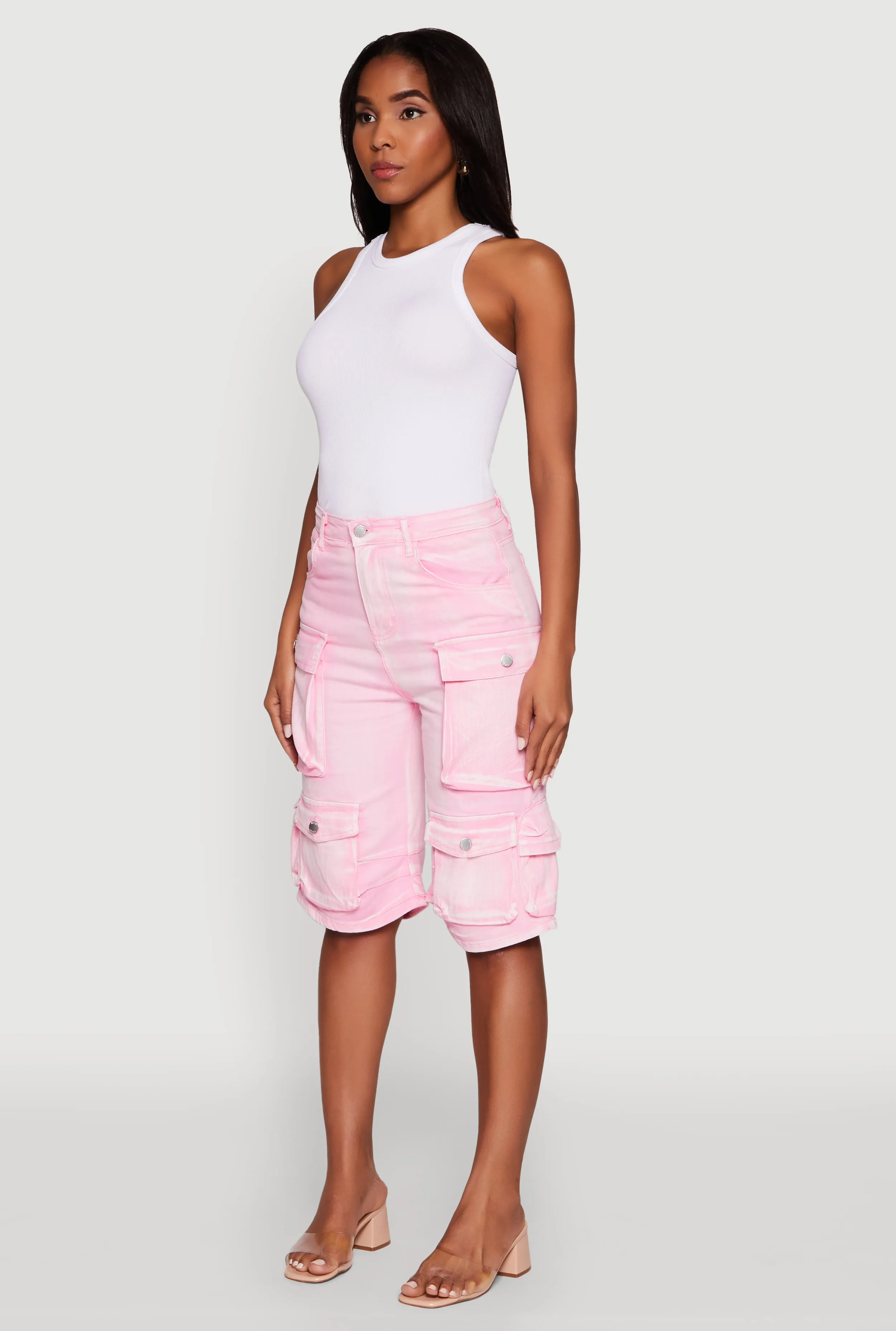 Daisy Trendy Mineral Wash High Waisted Denim Cargo Shorts sold by Rainbow product image thumbnail 3