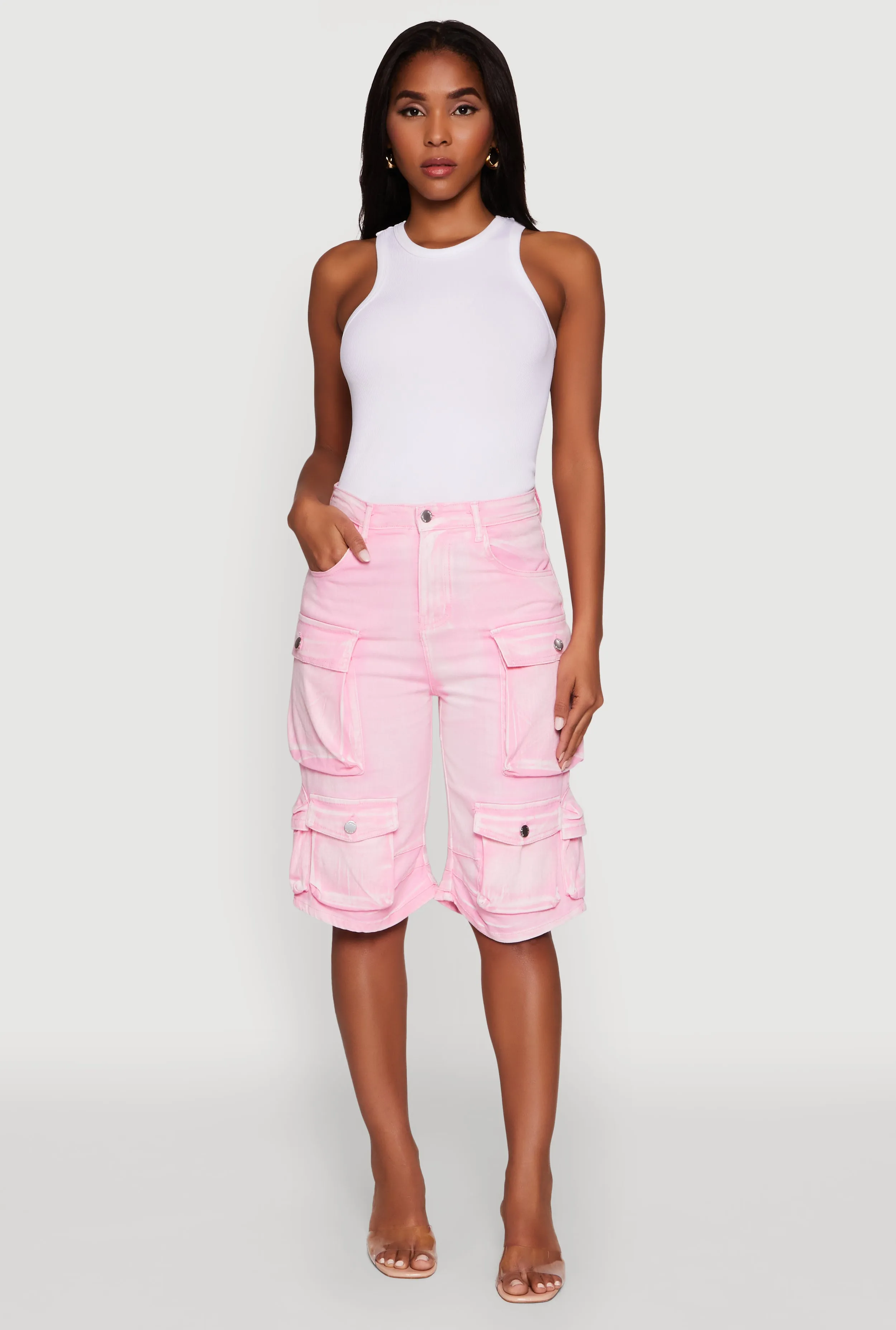 Daisy Trendy Mineral Wash High Waisted Denim Cargo Shorts sold by Rainbow product image thumbnail 2