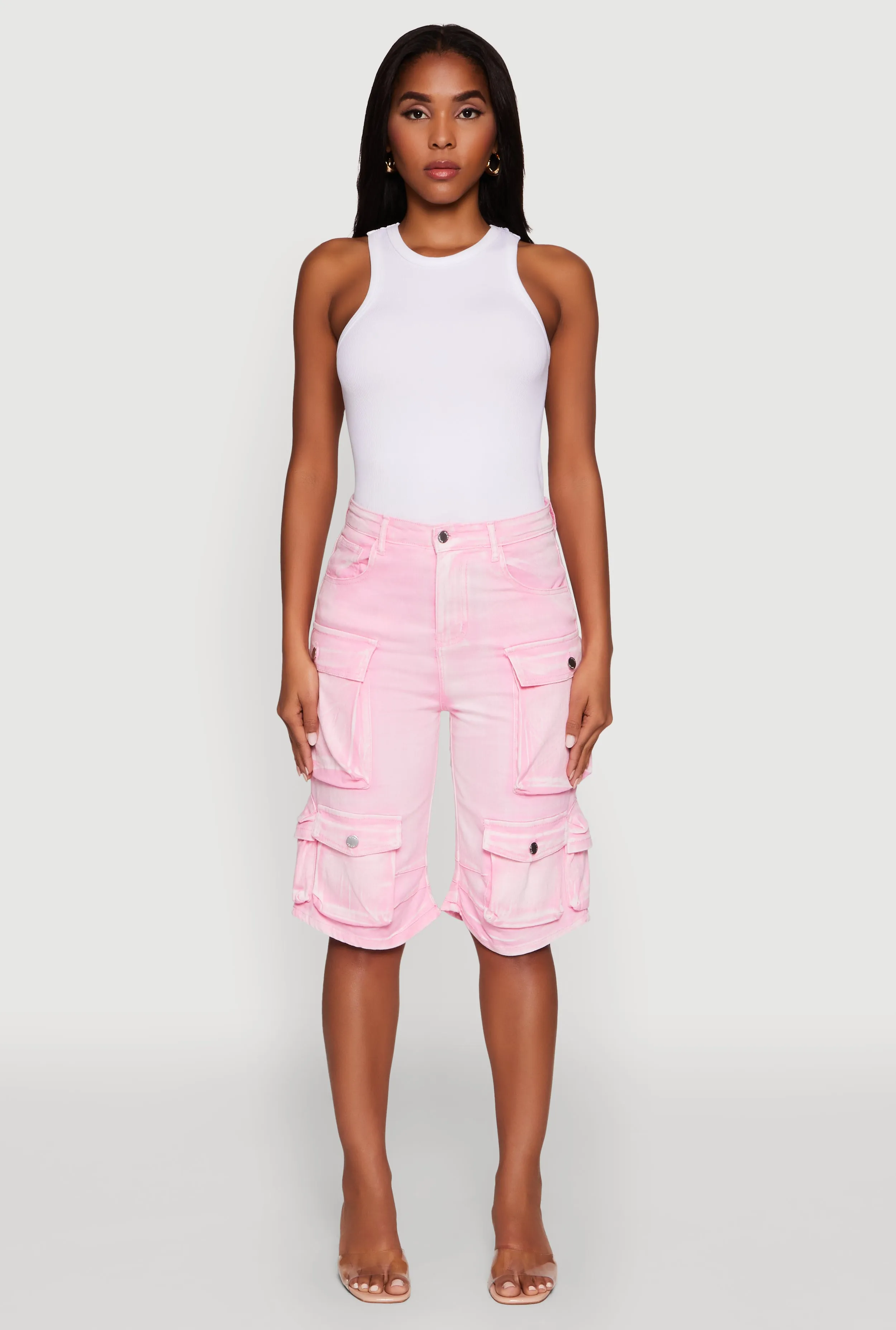 Daisy Trendy Mineral Wash High Waisted Denim Cargo Shorts sold by Rainbow