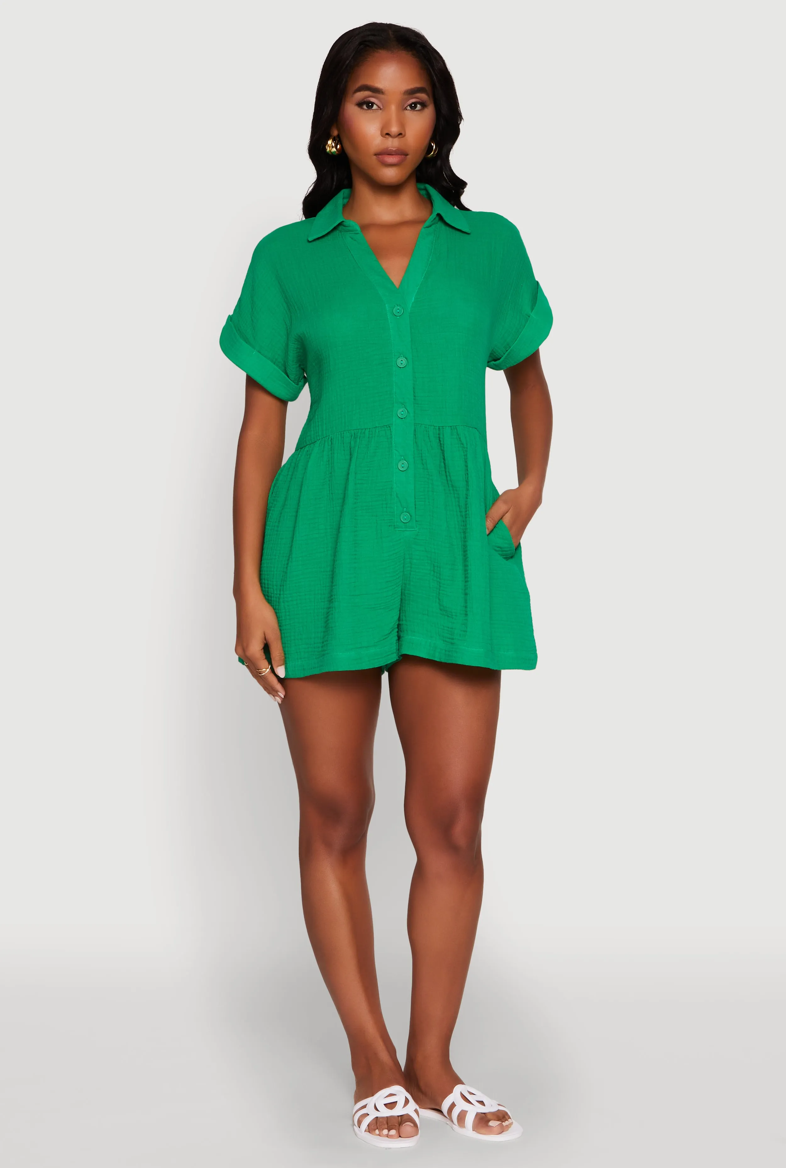 Chic Gauze Knit Button Front Romper with Cap Sleeves sold by Rainbow