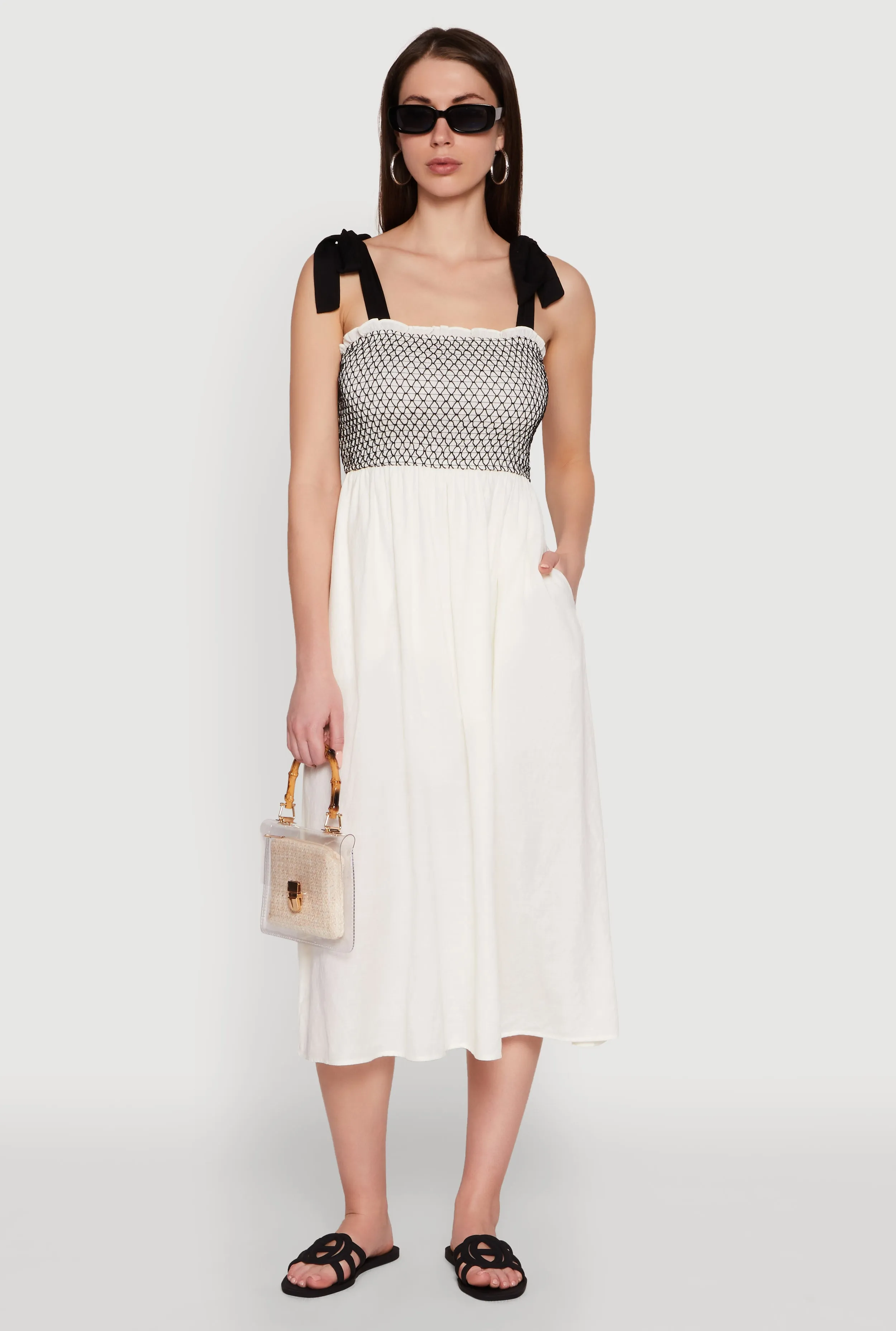 Tie Shoulder Fishnet Detail Midi Dress sold by Rainbow