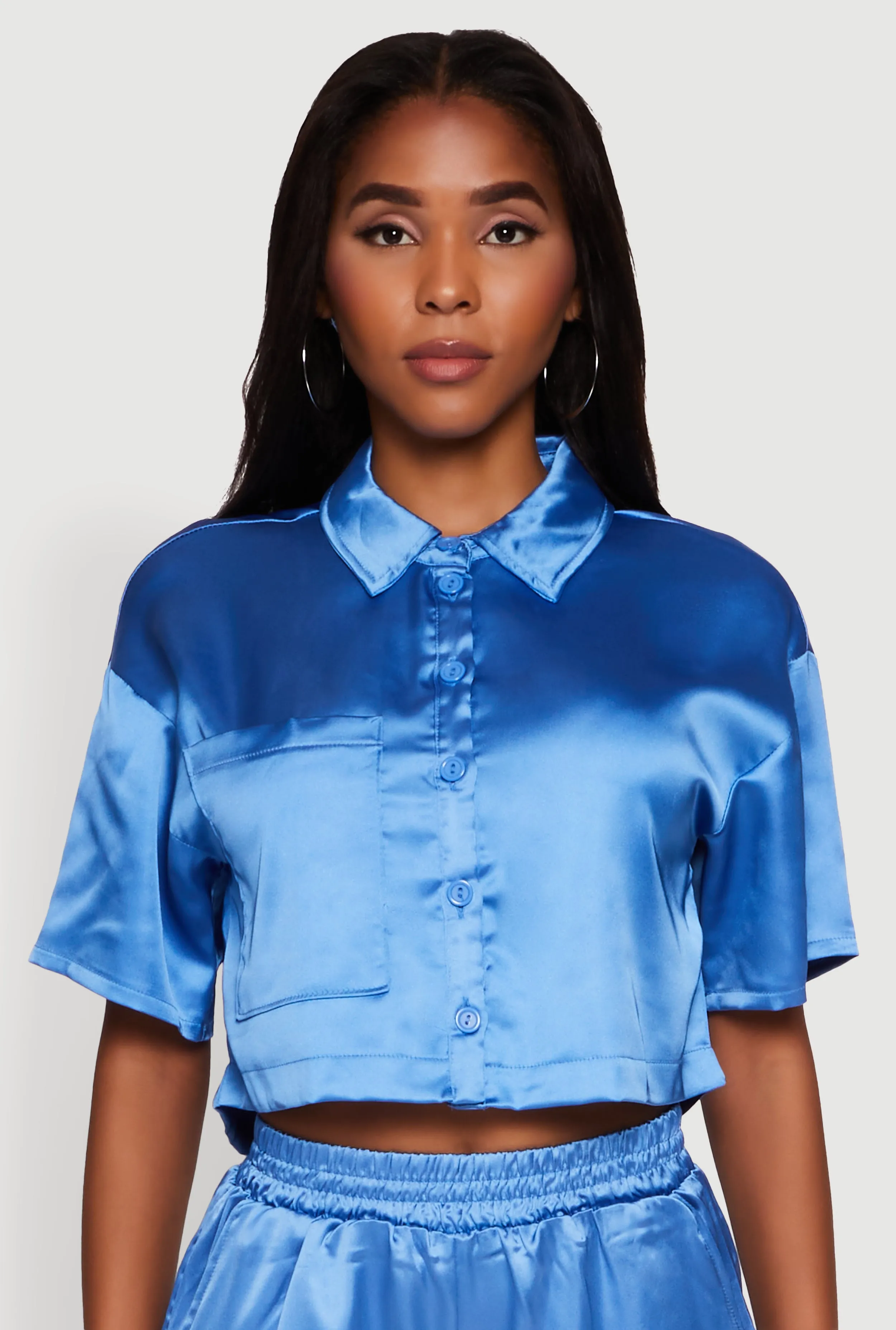 Elegant Cropped Satin Button Front Shirt sold by Rainbow