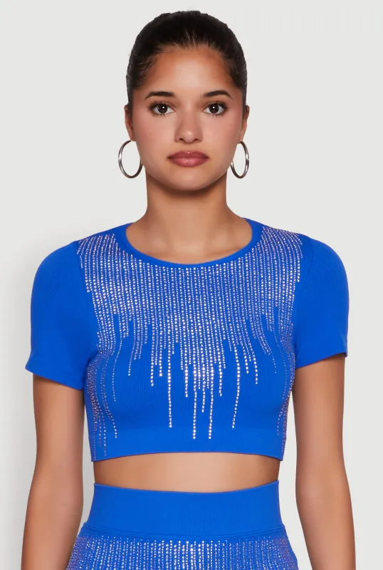 Chic Rhinestone Ribbed Knit Short Sleeve Crew Neck Tee sold by Rainbow