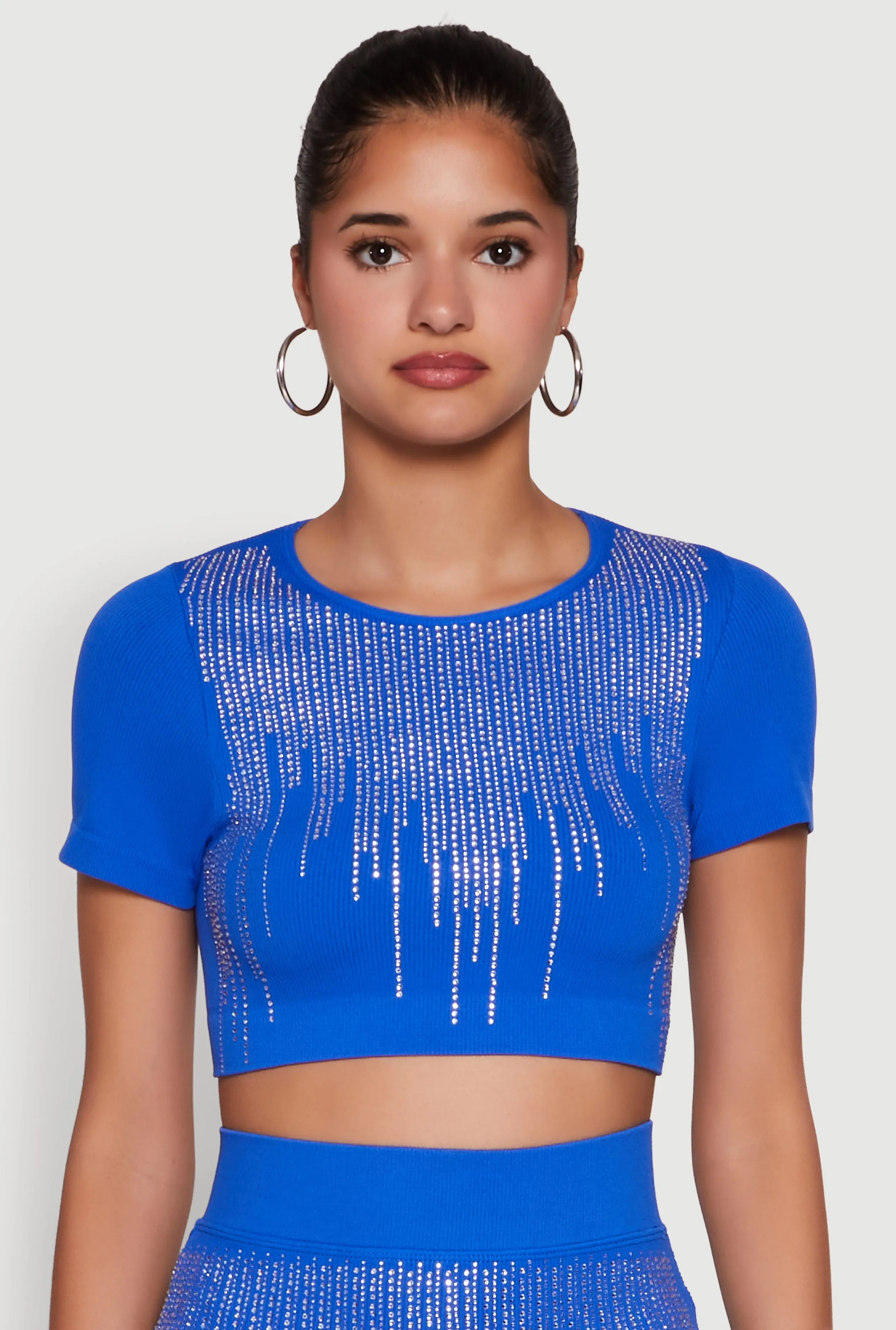 Chic Rhinestone Ribbed Knit Short Sleeve Crew Neck Tee sold by Rainbow