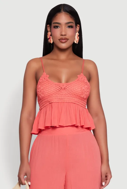 Crochet Overlay Peplum Crop Top with Scoop Neck sold by Rainbow