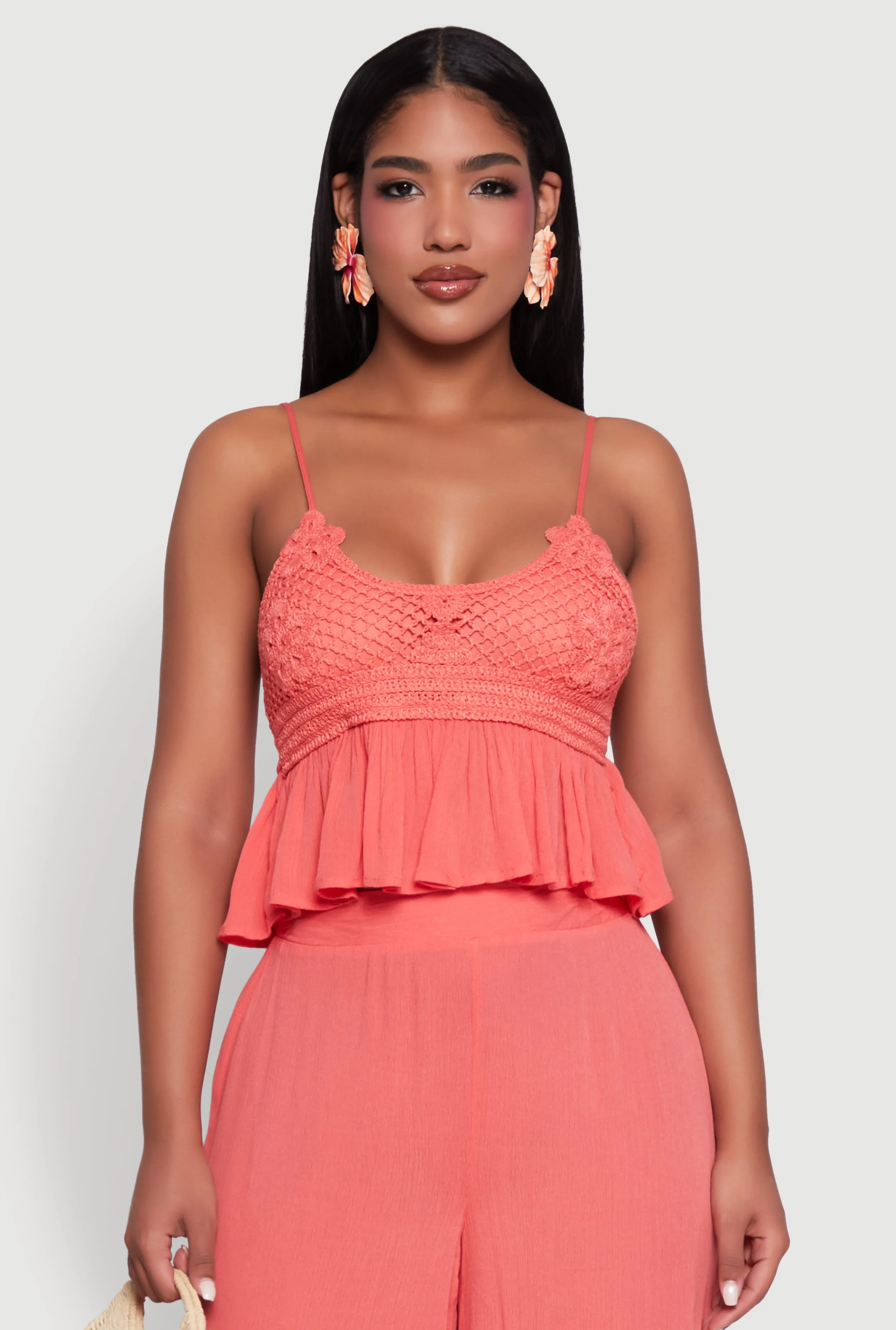 Crochet Overlay Peplum Crop Top with Scoop Neck sold by Rainbow