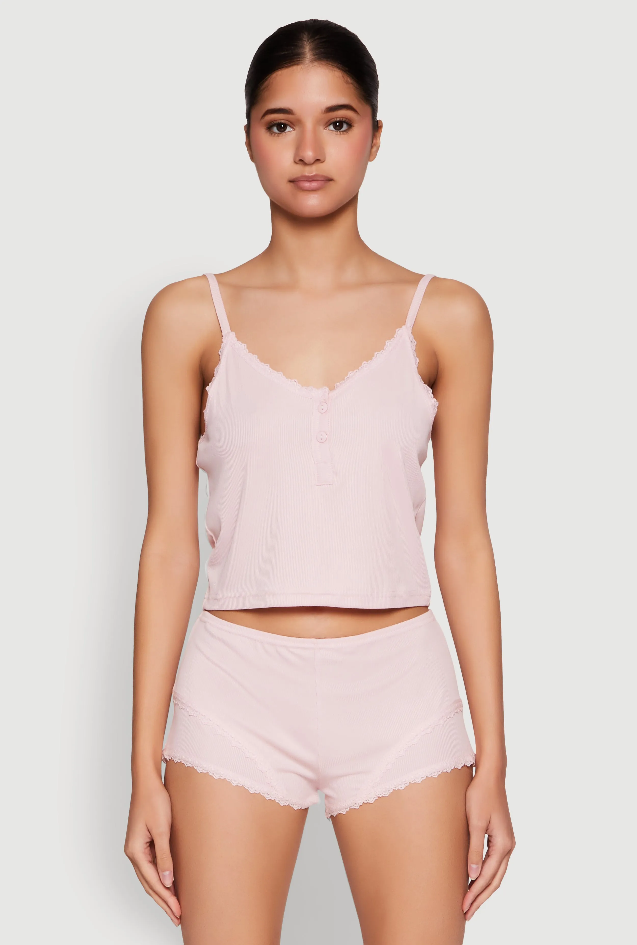 Lace Trim Henley Pajama Cami and Shorts Set sold by Rainbow product image thumbnail 2