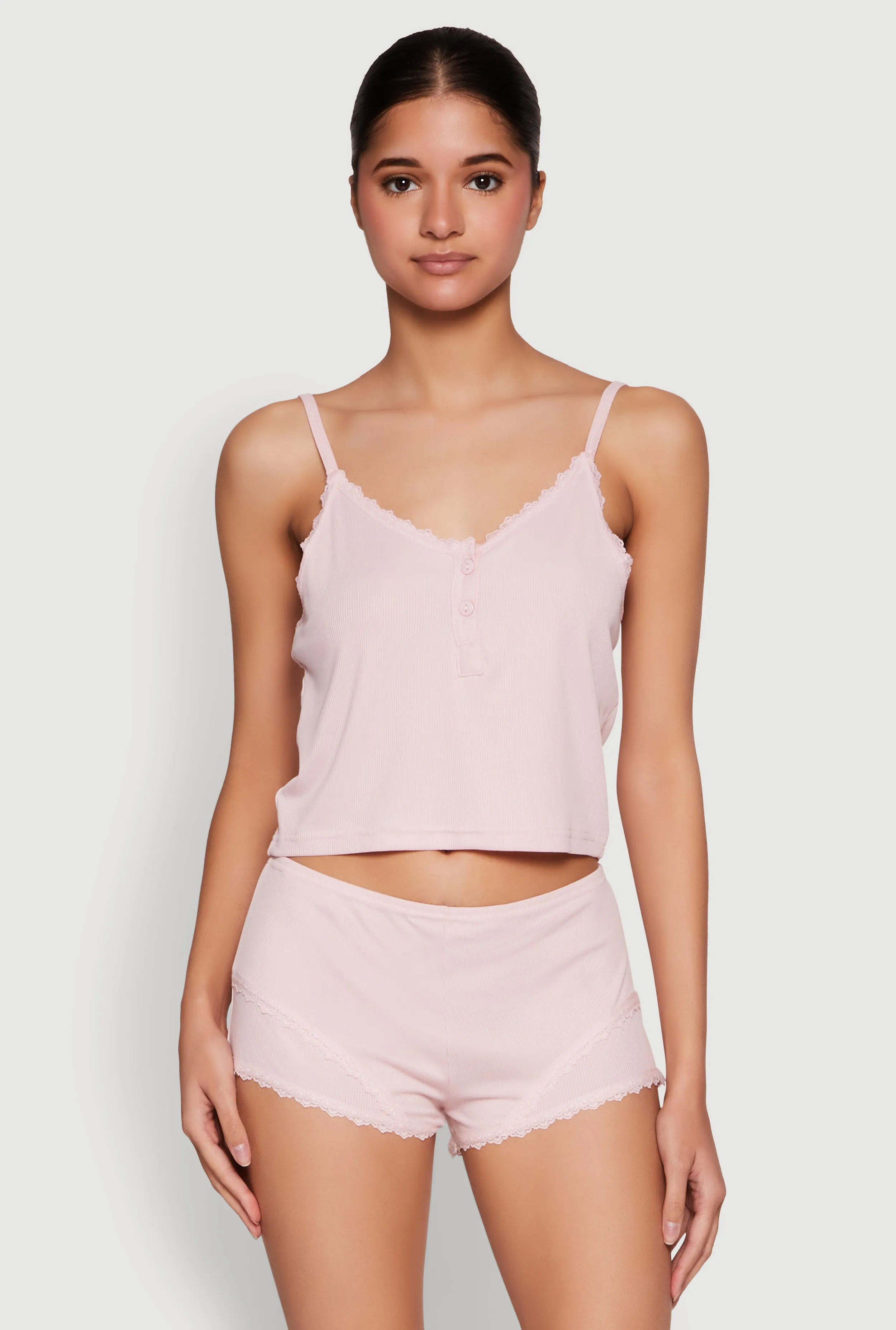 Lace Trim Henley Pajama Cami and Shorts Set sold by Rainbow