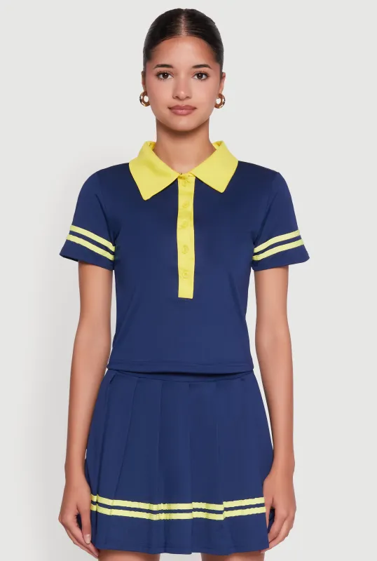 Contrast Trim and Varsity Stripe Cropped Shirt sold by Rainbow
