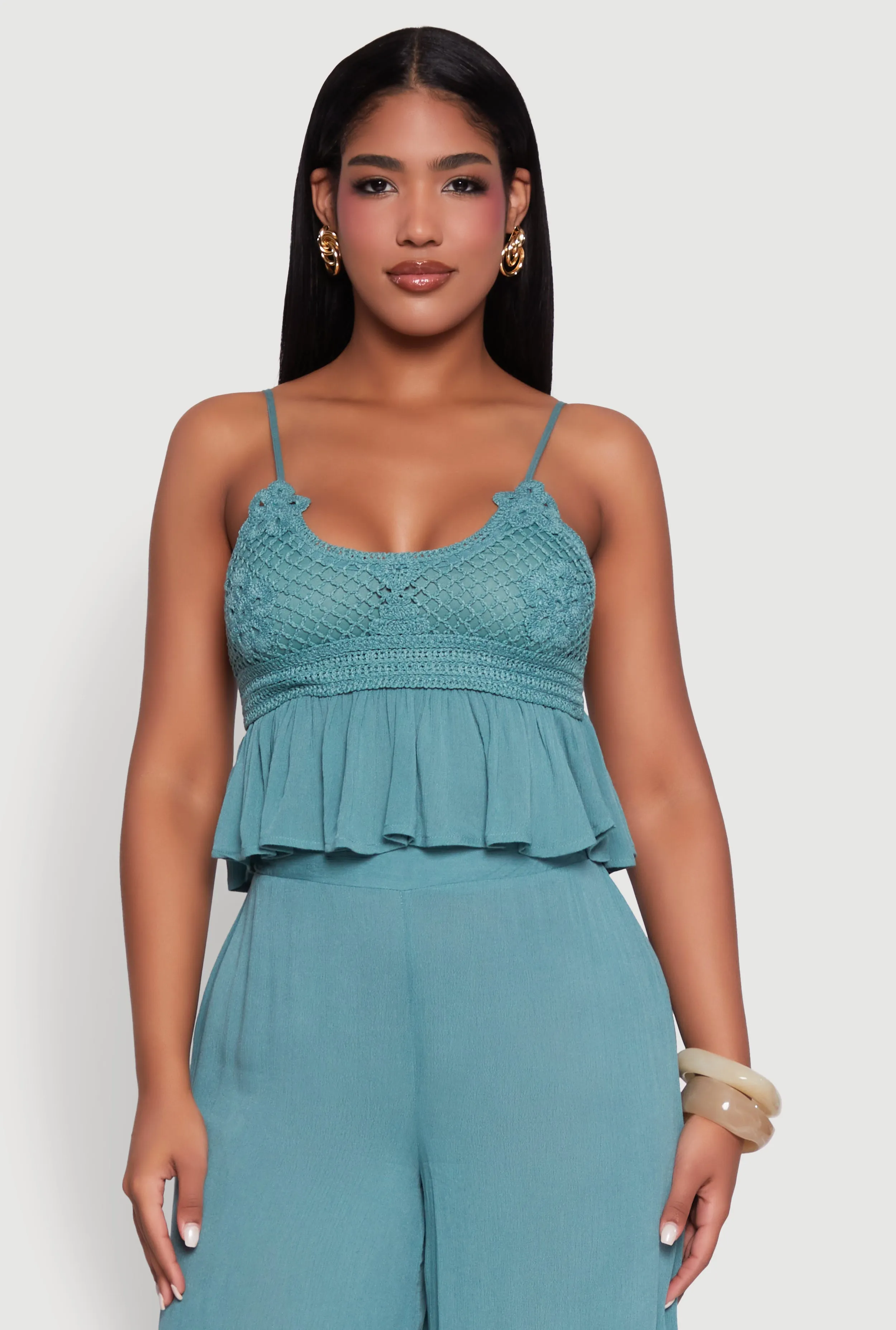 Crochet Overlay Peplum Crop Top with Scoop Neck sold by Rainbow
