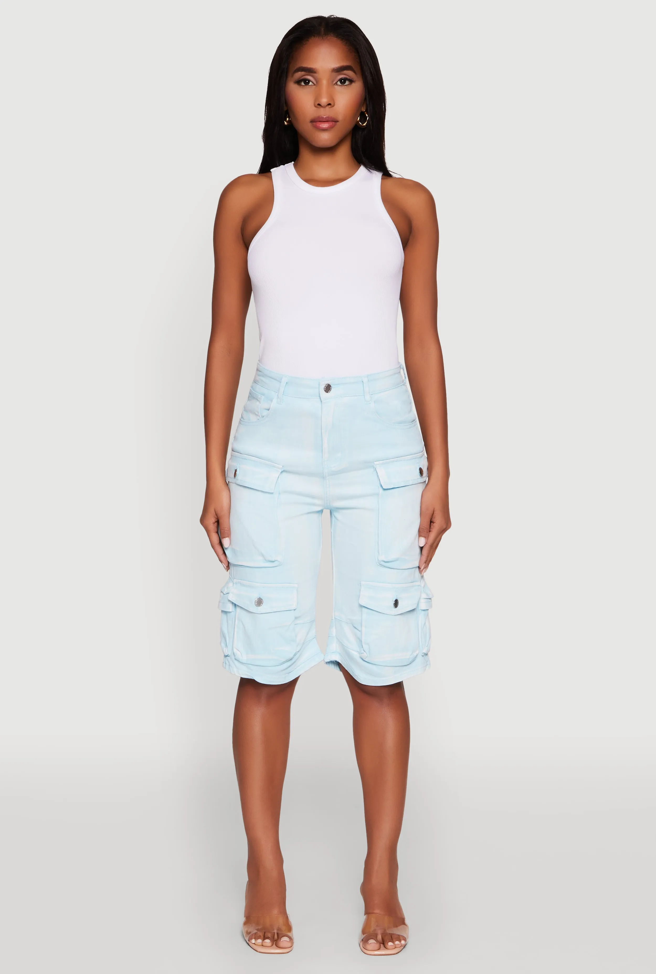 Daisy Trendy Mineral Wash High Waisted Denim Cargo Shorts sold by Rainbow product image thumbnail 2