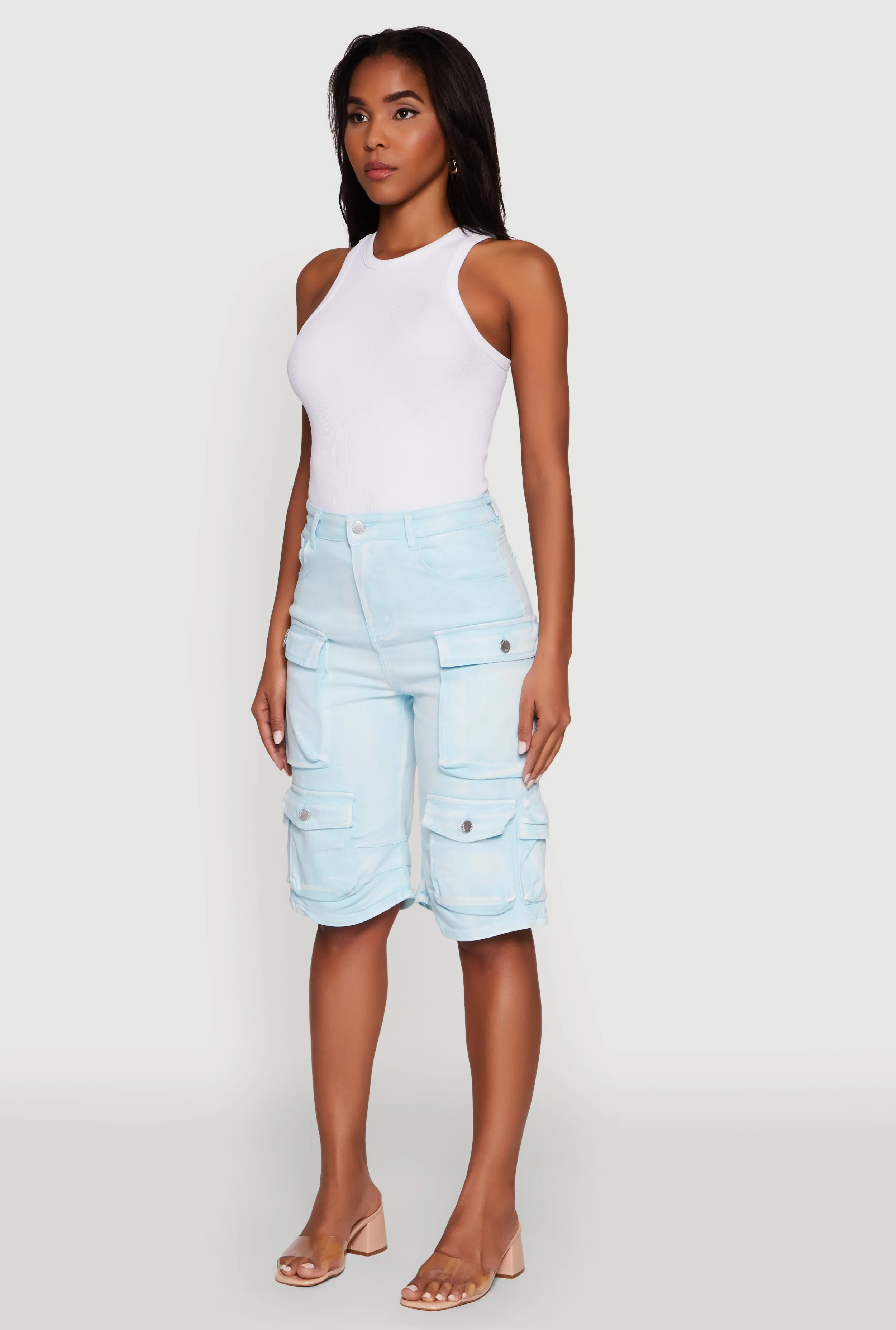 Daisy Trendy Mineral Wash High Waisted Denim Cargo Shorts sold by Rainbow product image thumbnail 3