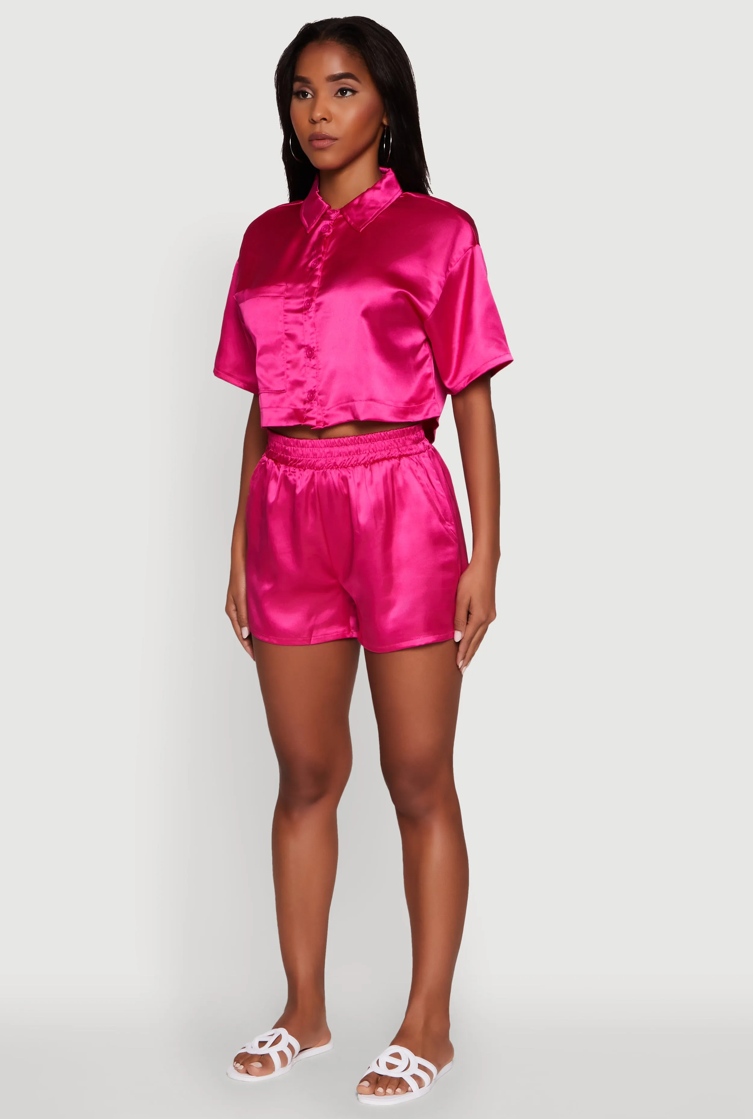 Elegant Cropped Satin Button Front Shirt sold by Rainbow product image thumbnail 5