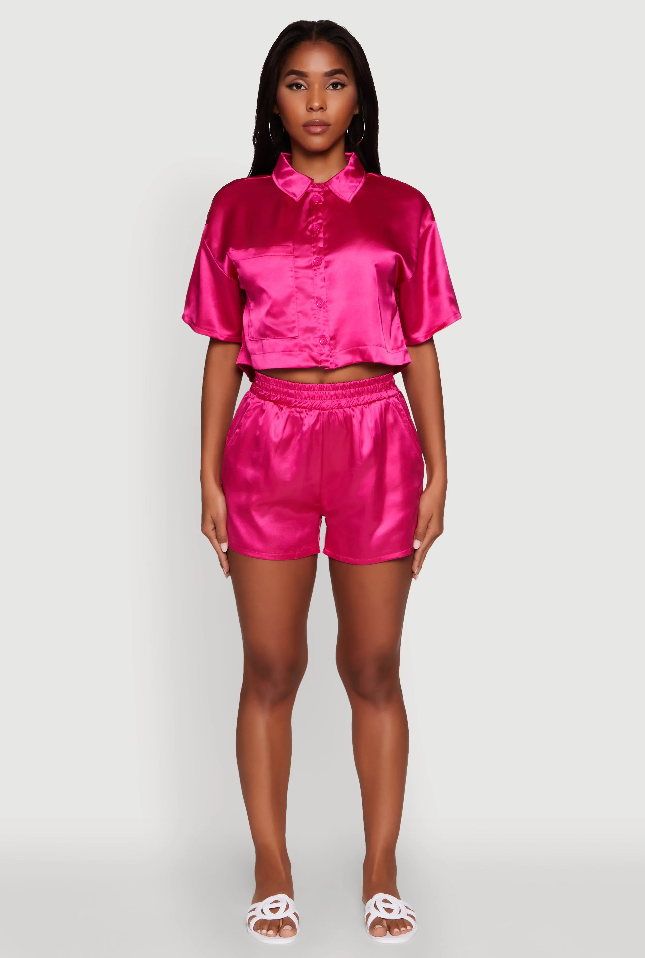 Elegant Cropped Satin Button Front Shirt sold by Rainbow product image thumbnail 2