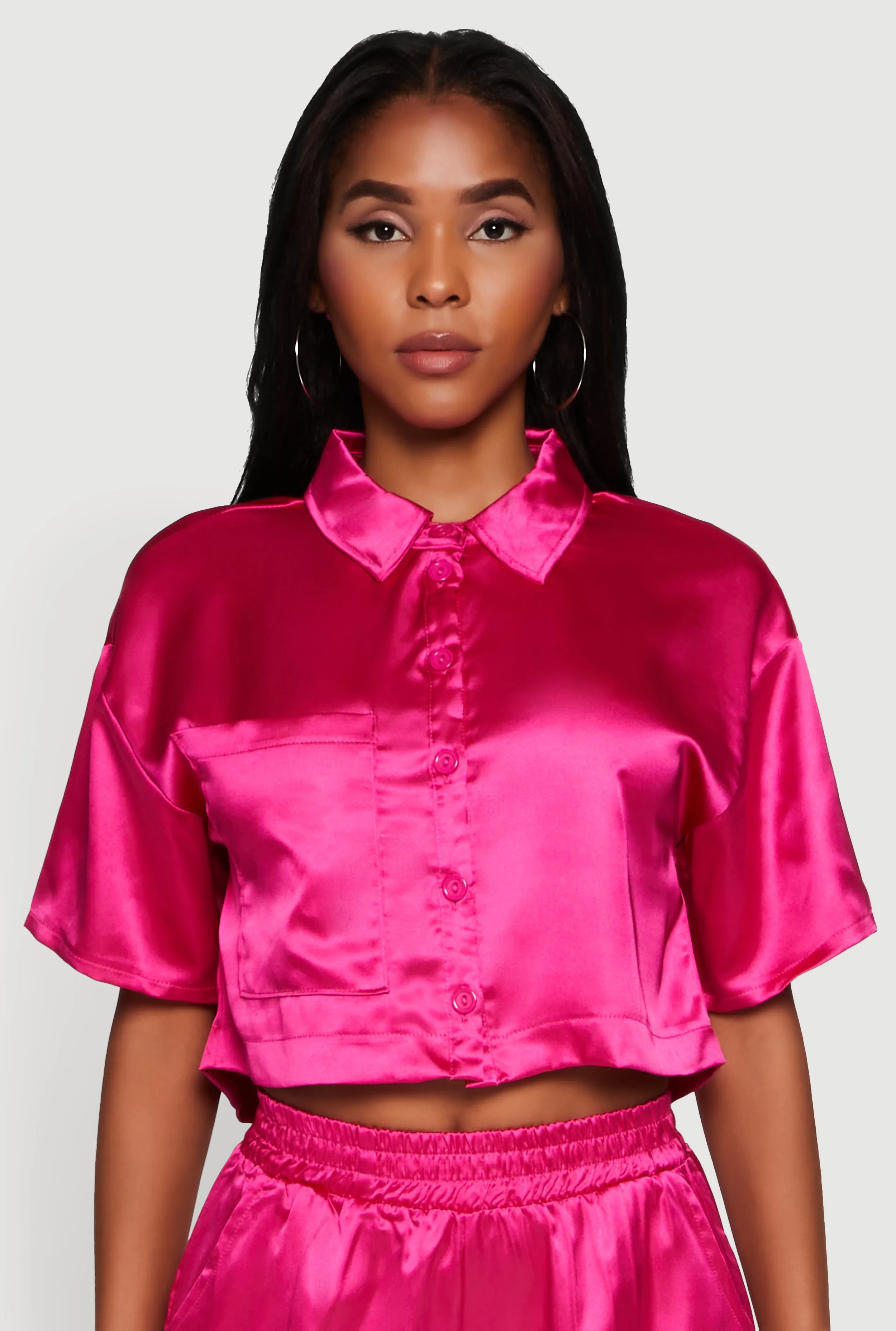 Elegant Cropped Satin Button Front Shirt sold by Rainbow
