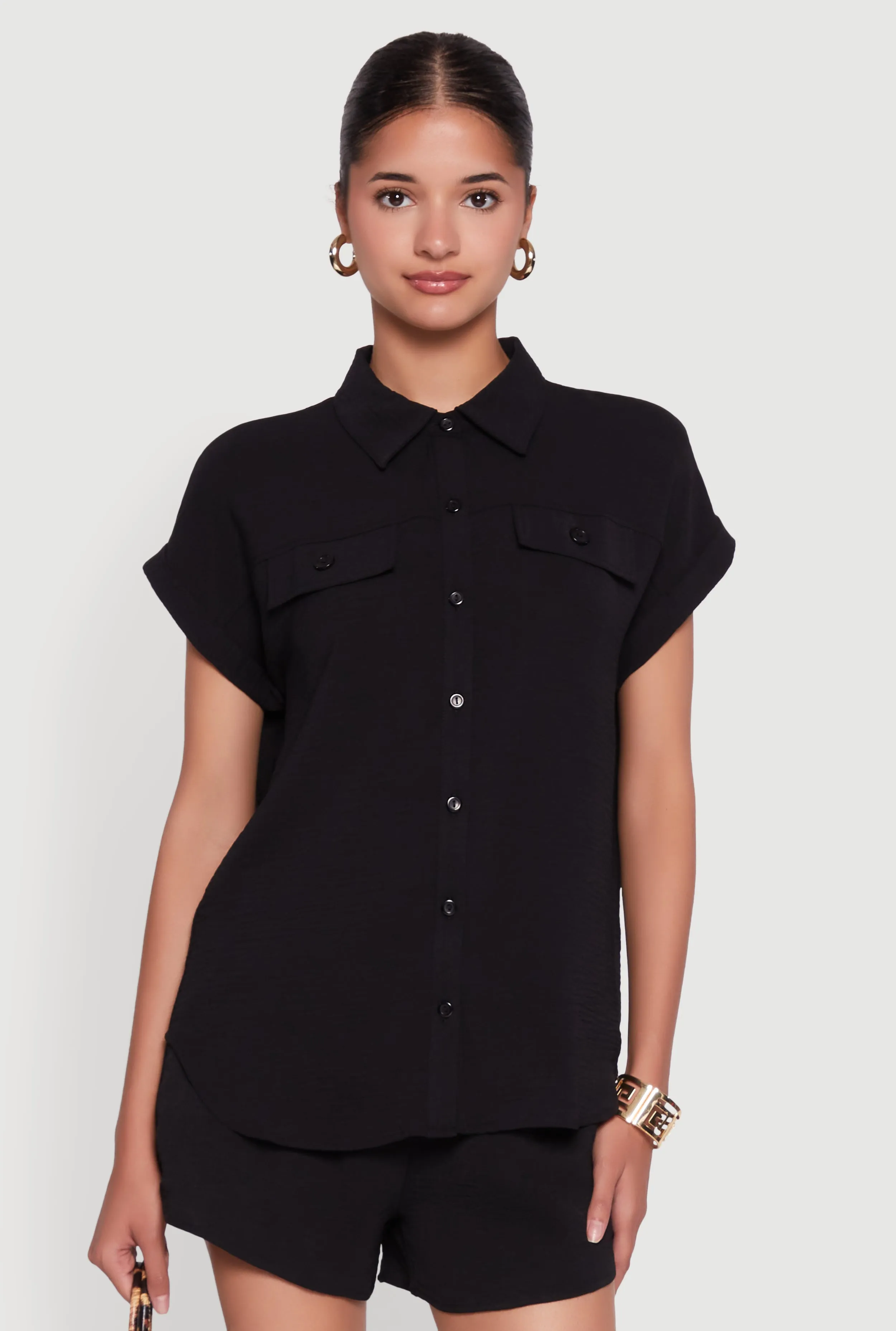 Chic Crepe Knit Button Front Shirt with Flap Pockets sold by Rainbow