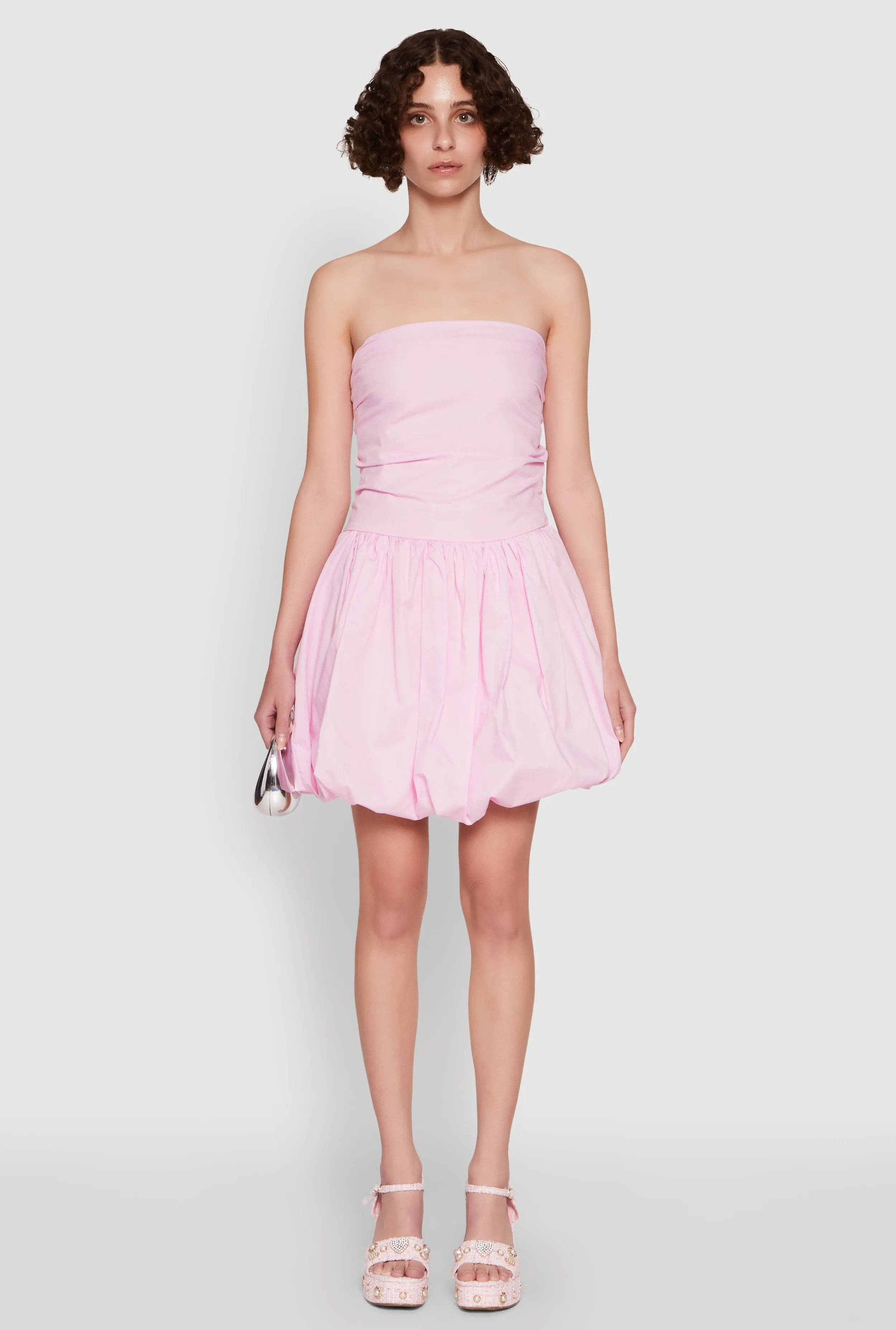 Chic Strapless Poplin Dress with Bubble Hem and Tie Back sold by Rainbow