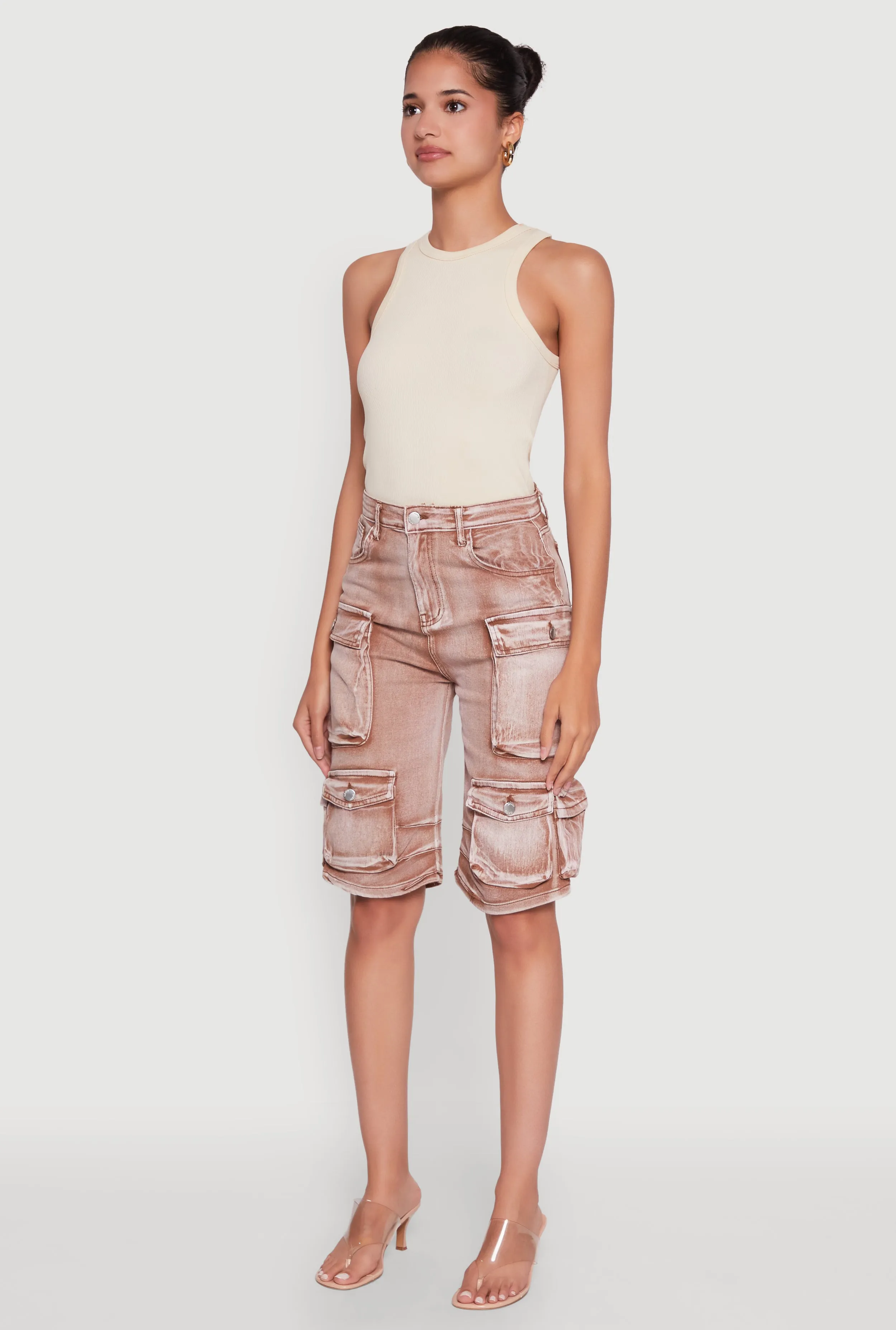 Daisy Trendy Mineral Wash High Waisted Denim Cargo Shorts sold by Rainbow product image thumbnail 3